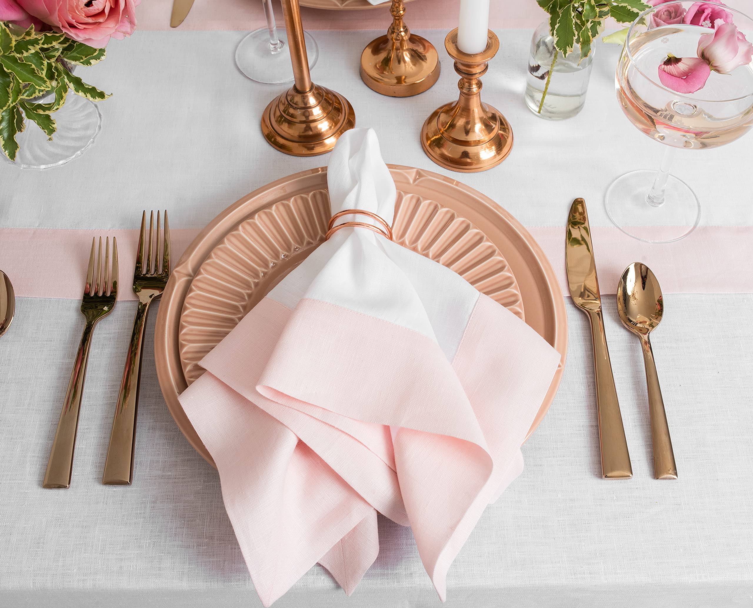 Solino Home Summer Linen Dinner Napkins 20 x 20 Inch - 100% Pure Linen Fabric Napkins Blush Pink and White - Set of 4 Napkins for Spring  Mother Day  Dining - Contempo  Handcrafted from European Flax