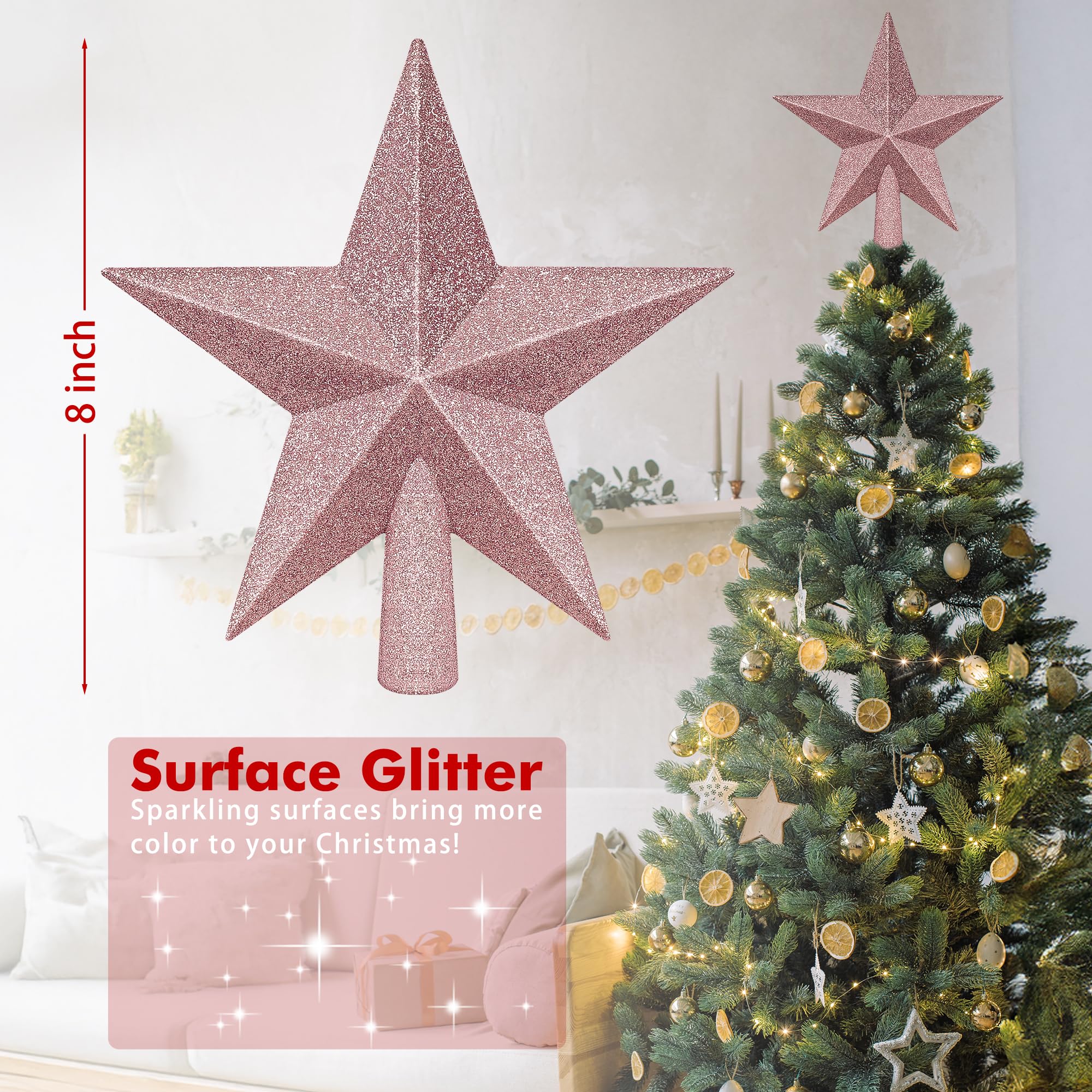 Tree Topper Star, 8 Rose Gold Christmas Star Tree Topper Accessories, Xmas Glitter 3D Bethlehem Tree Topper Ornament, Waterproof