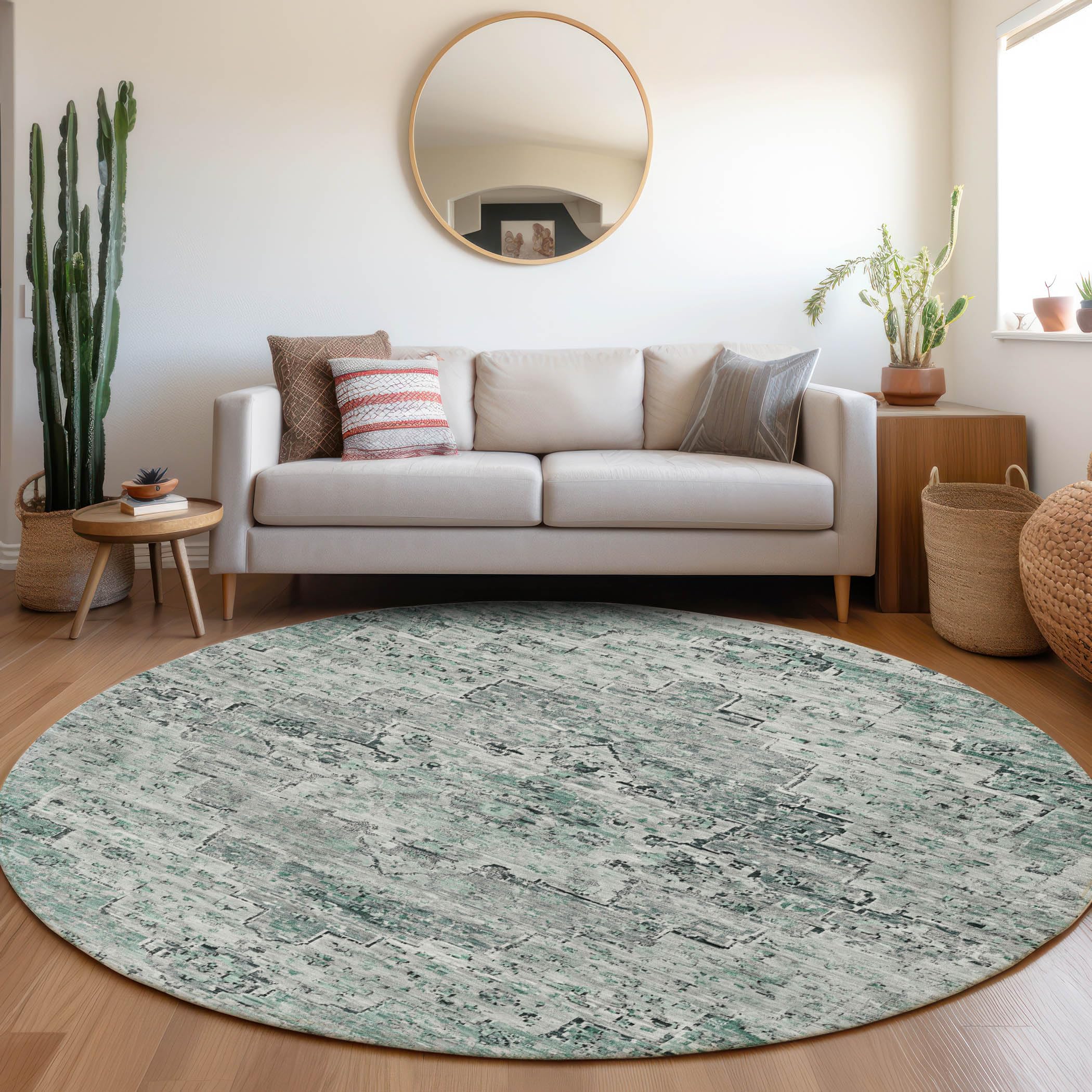 Machine Washable Indoor/Outdoor Chantille Teal 8 x 8 Round Rug