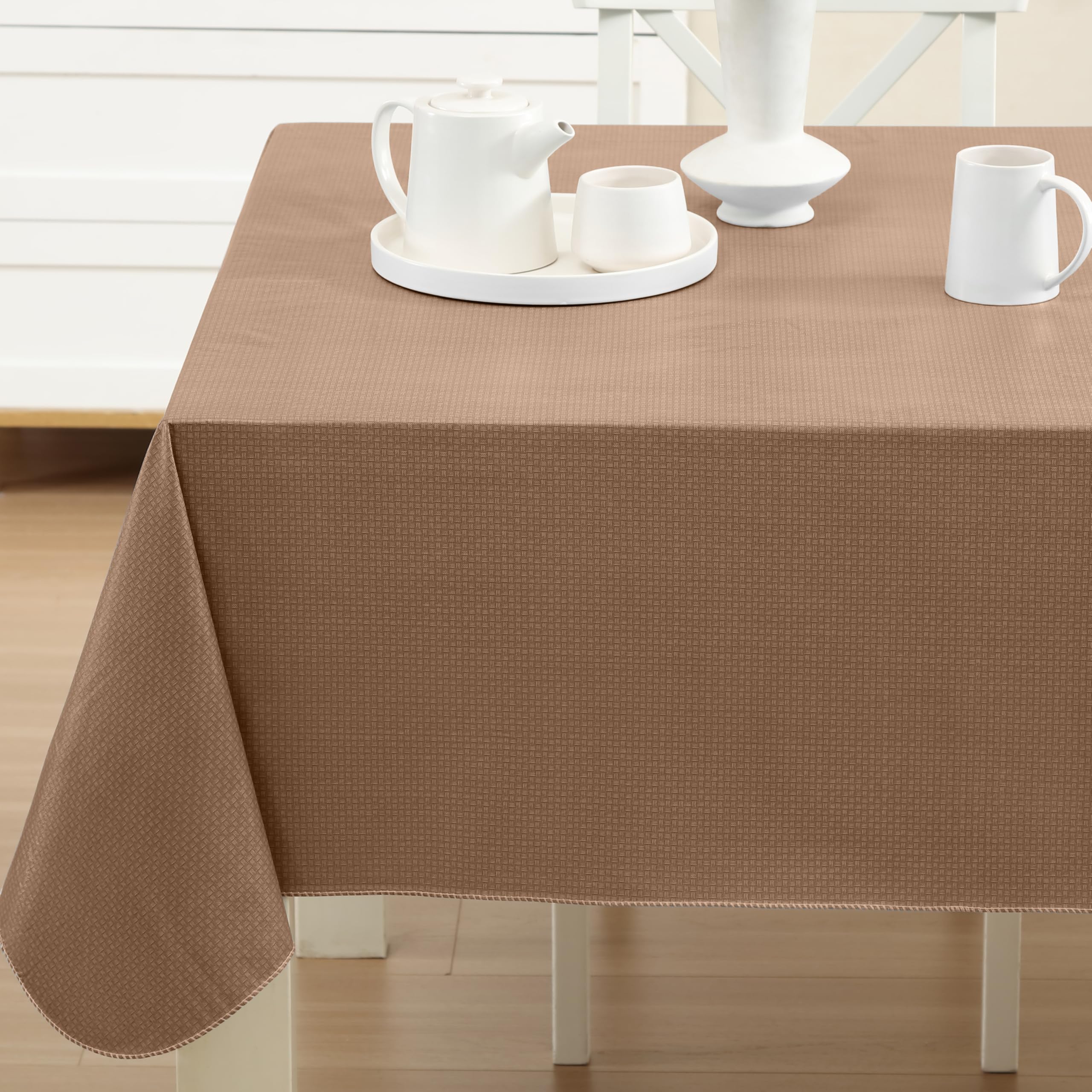 Newbridge Basketweave Solid Color Vinyl Flannel Backed Tablecloth  Basket Weave Textured Look Indoor/Outdoor Waterproof Tablecloth  Patio and Kitchen Dining  52 Inch x 70 Inch Oblong/Rectangle  Taupe