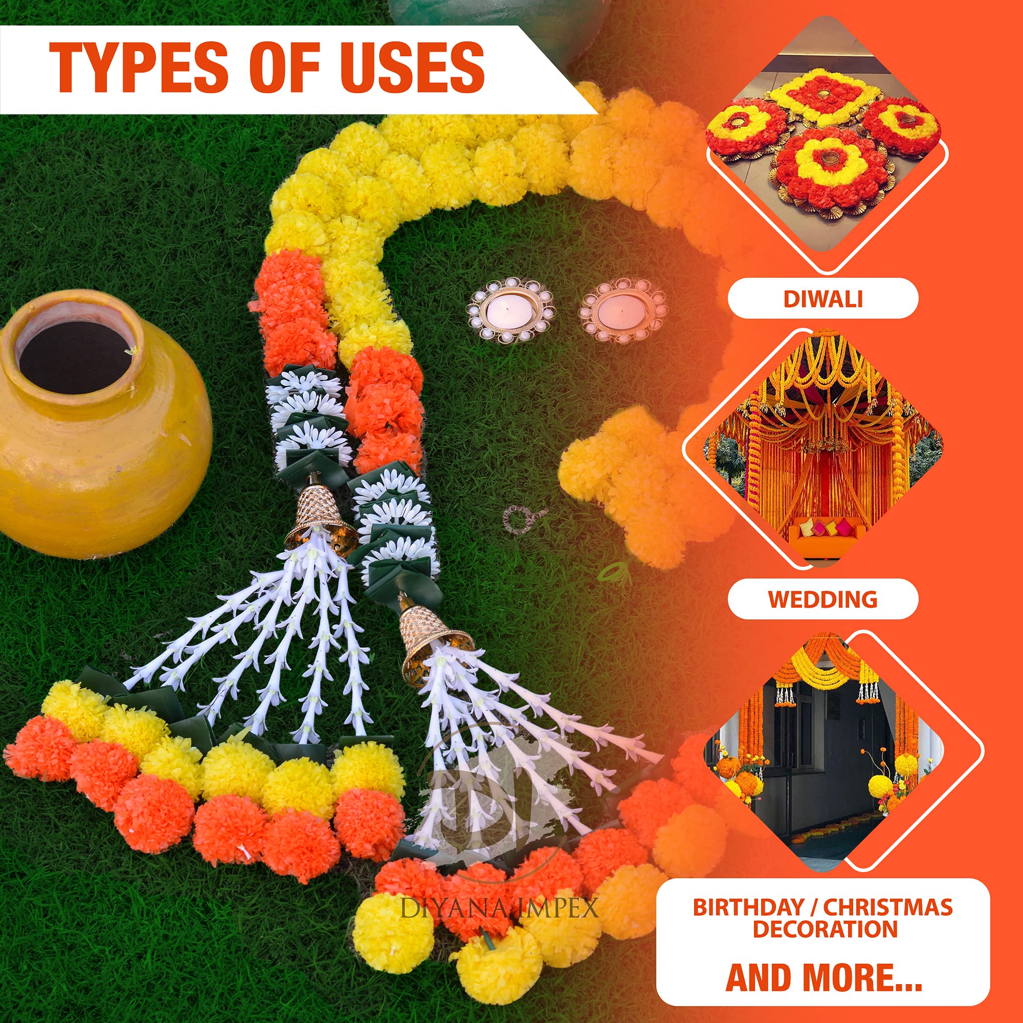 DIYANA IMPEX Marigold Garland for Decoration 5 Feet Long Artificial Marigold Flowers 2 Pc, Christmas Decorations Indian D  cor f