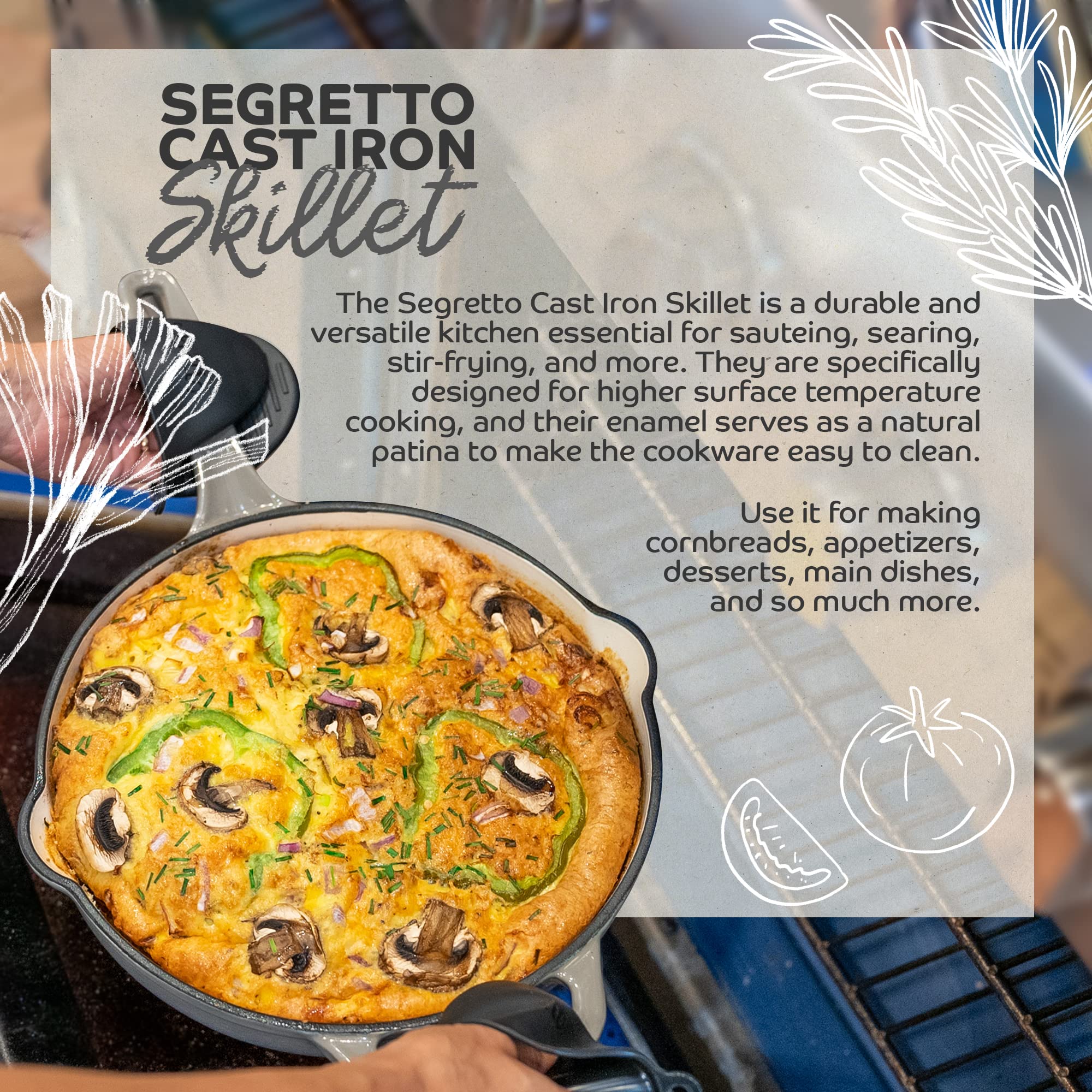 Segretto Cookware Enameled Cast Iron Skillet, 10.25-In Bianco Perla (Off-White) Enamel Skillet Pan, No Seasoning Required And Ca