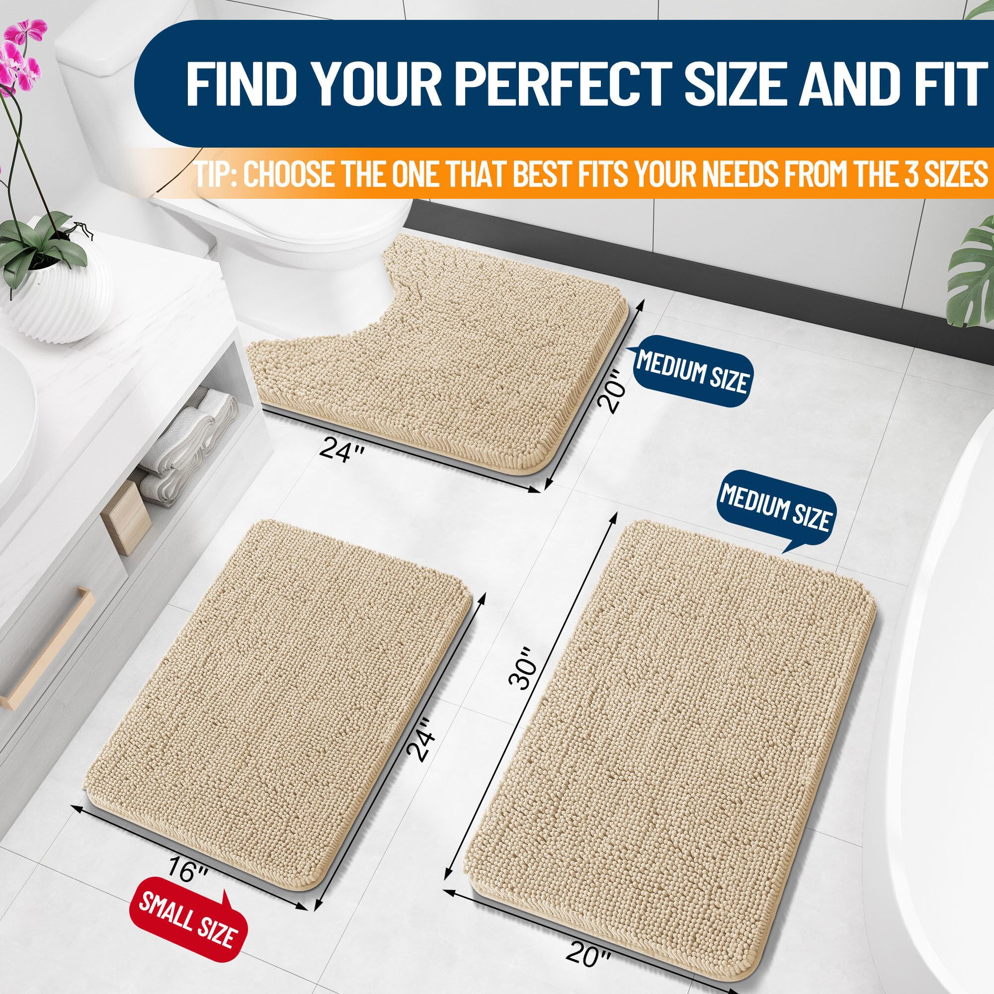 Olanly Toilet Rugs U-Shaped 24X20, Extra Soft Absorbent Chenille Contour Bathroom Rugs, Dry Quickly, Machine Washable, Non-Slip