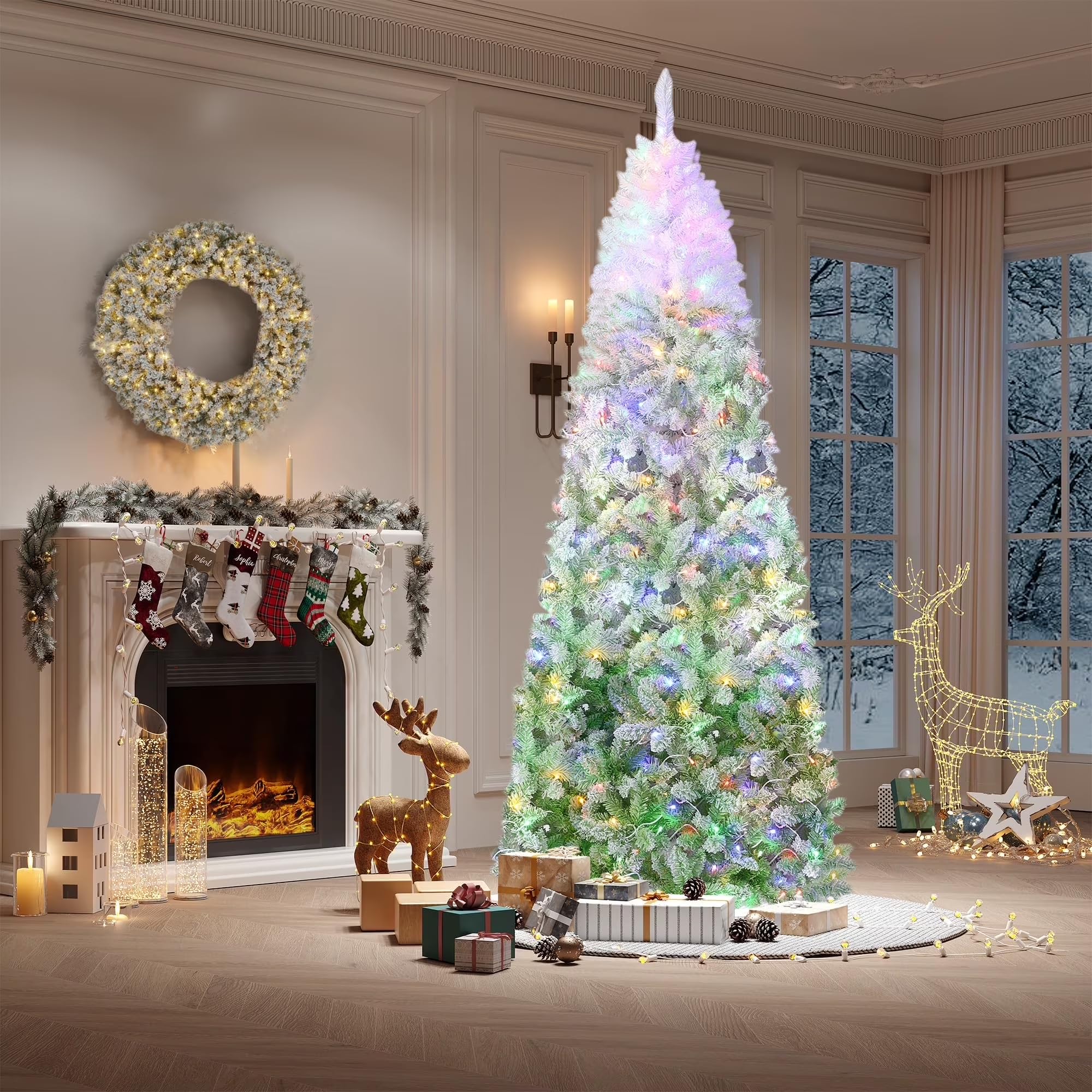 7.5ft Snow Flocked Pencil Christmas Tree with Green Gradient, Slim Artificial Xmas Tree on Sturdy Metal Stand, Skinny Holiday De