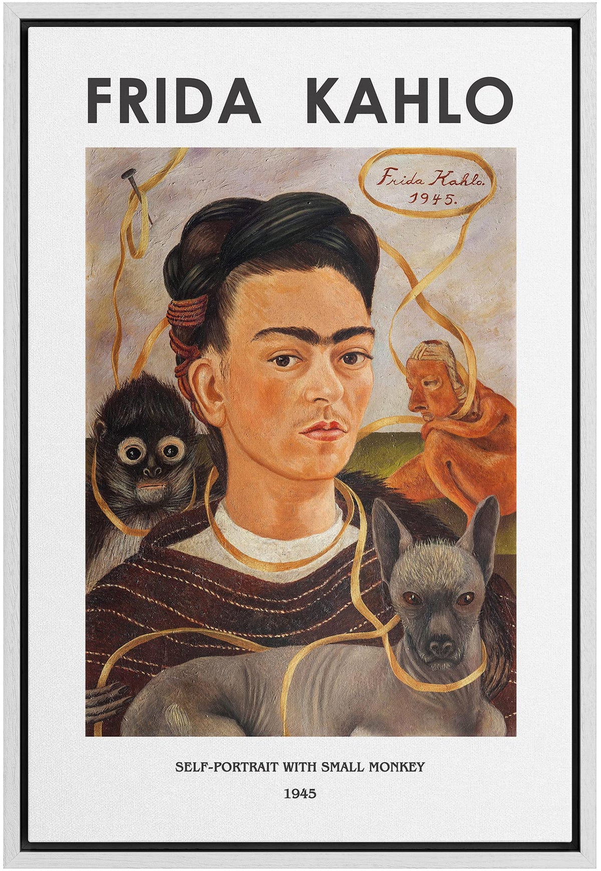 Idea4Wall Framed Canvas Print Wall Art Self-Portrait With Small Monkey By Frida Kahlo Historic Cultural Illustrations Fine Art V