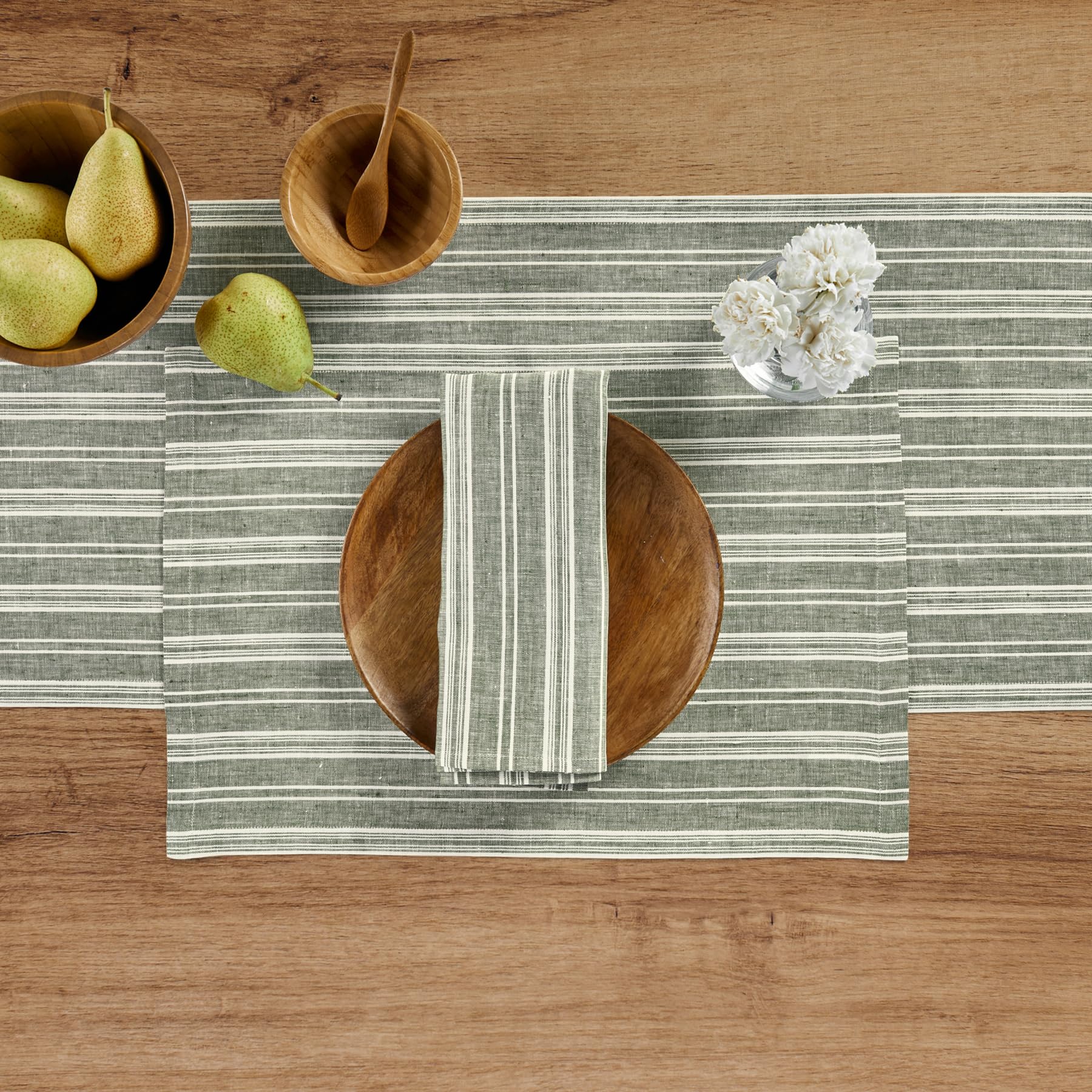 Solino Home Stripe Linen Placemats 19'' L X 14'' W Inch - 100% Pure Linen Green And White Cloth Placemats Set Of 4 - Chelsea Str