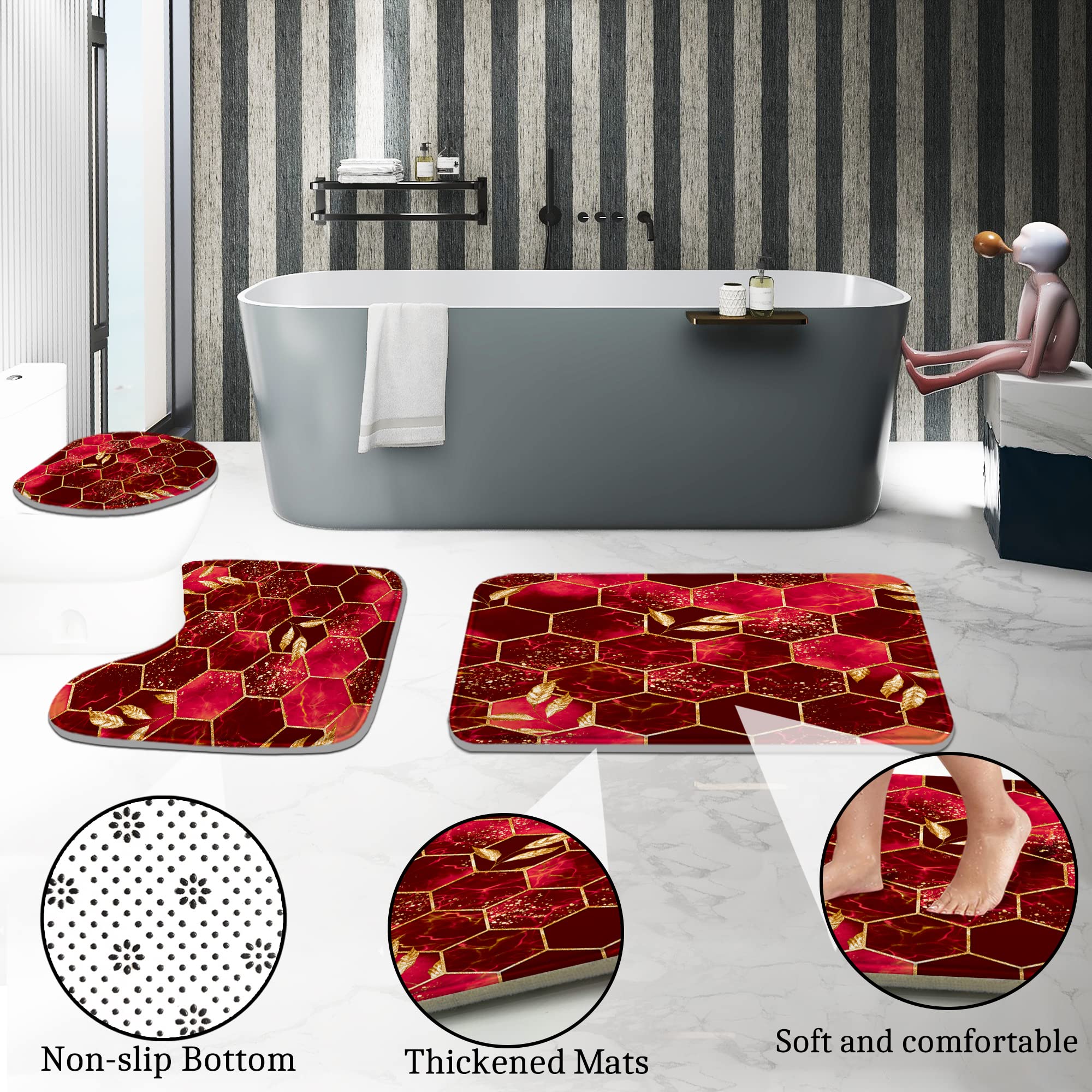 Poedist 4 Pcs Bathroom Shower Curtain Set Red Honeycomb Marble Bathroom Sets with Rugs(Bath Mat U Shape and Toilet Lid Cover Mat) and 12 Durable Hooks