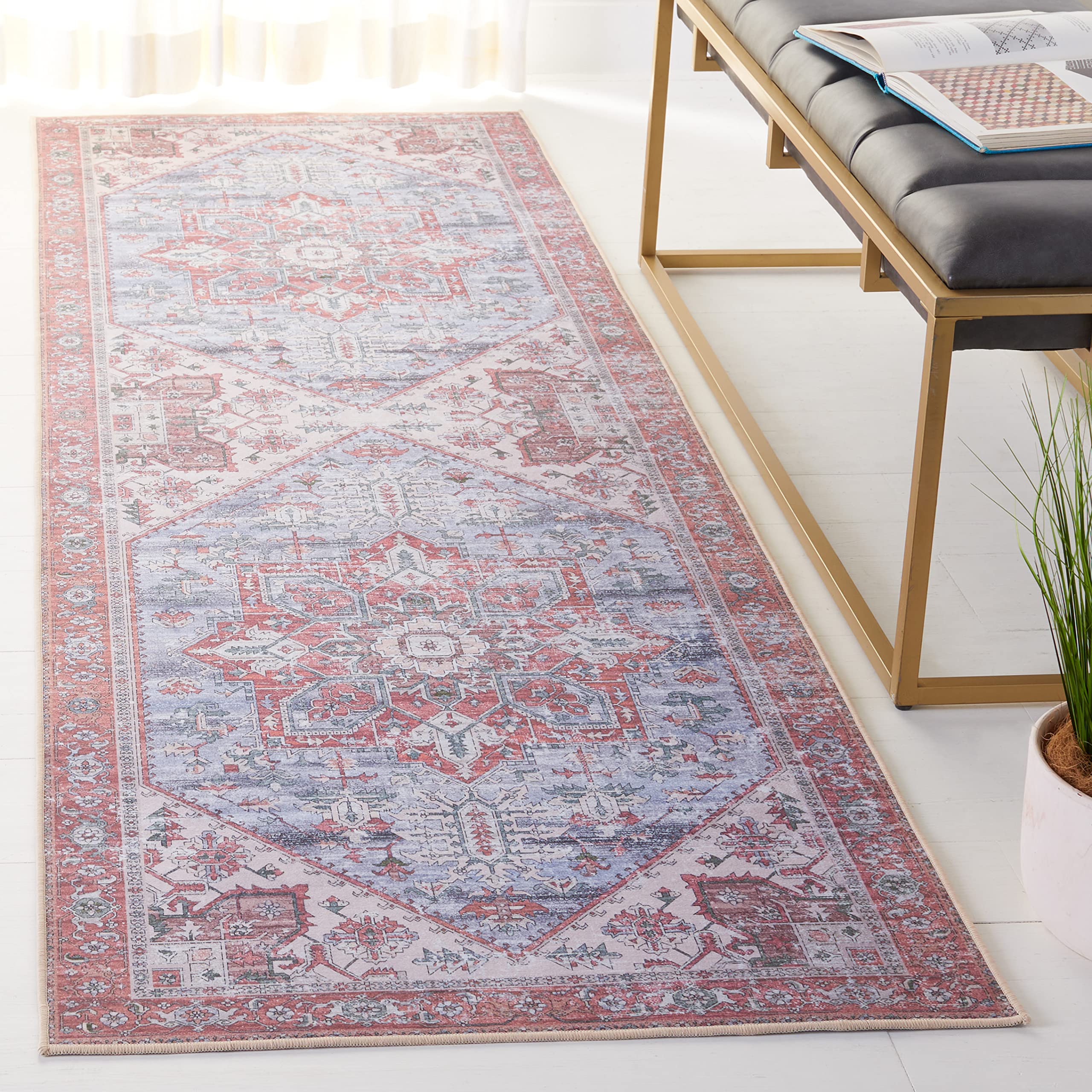 SAFAVIEH Washable Rug Tucson Collection - 26 x 22 Runner, Grey Blue & Rust, Slip Resistant, Ideal for High Traffic Areas in Li