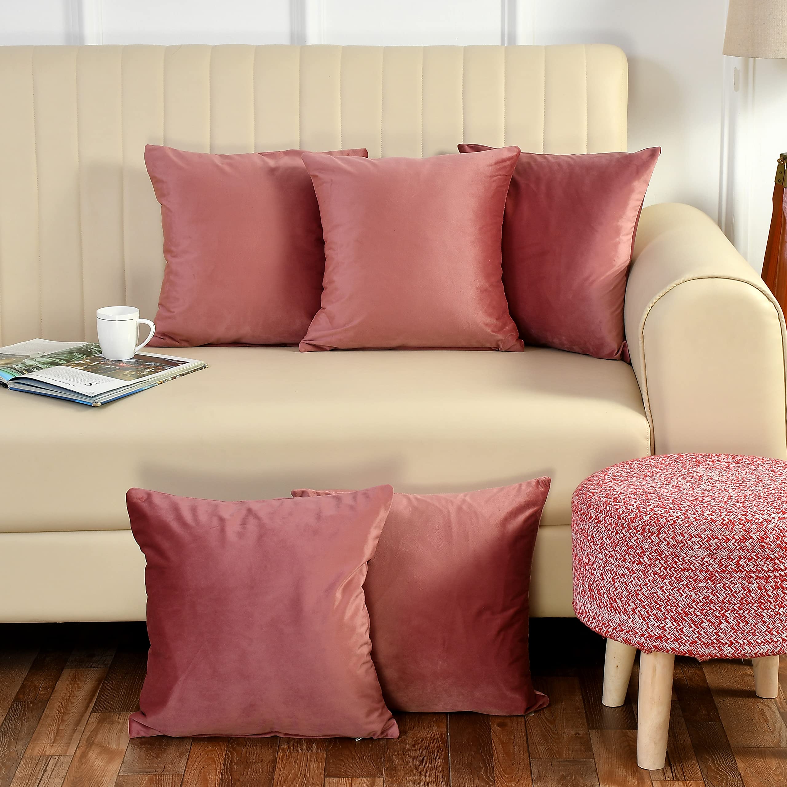 Stuffique Velvet Throw Pillow Cover 190 Tc Solid Plain Cushion Covers Set Of 5 For Sofa Couch Bed Chair 12 X 12 Inch, Rose