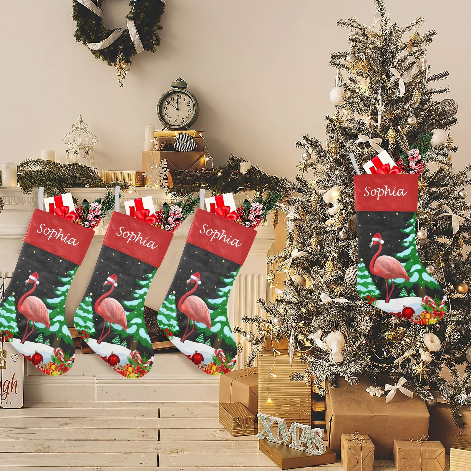 Flamingo Animal Christmas Tree Hat Christmas Stockings Custom Personalized Name Xmas Festive Gift Decor Family Party 17.52 x 7.8
