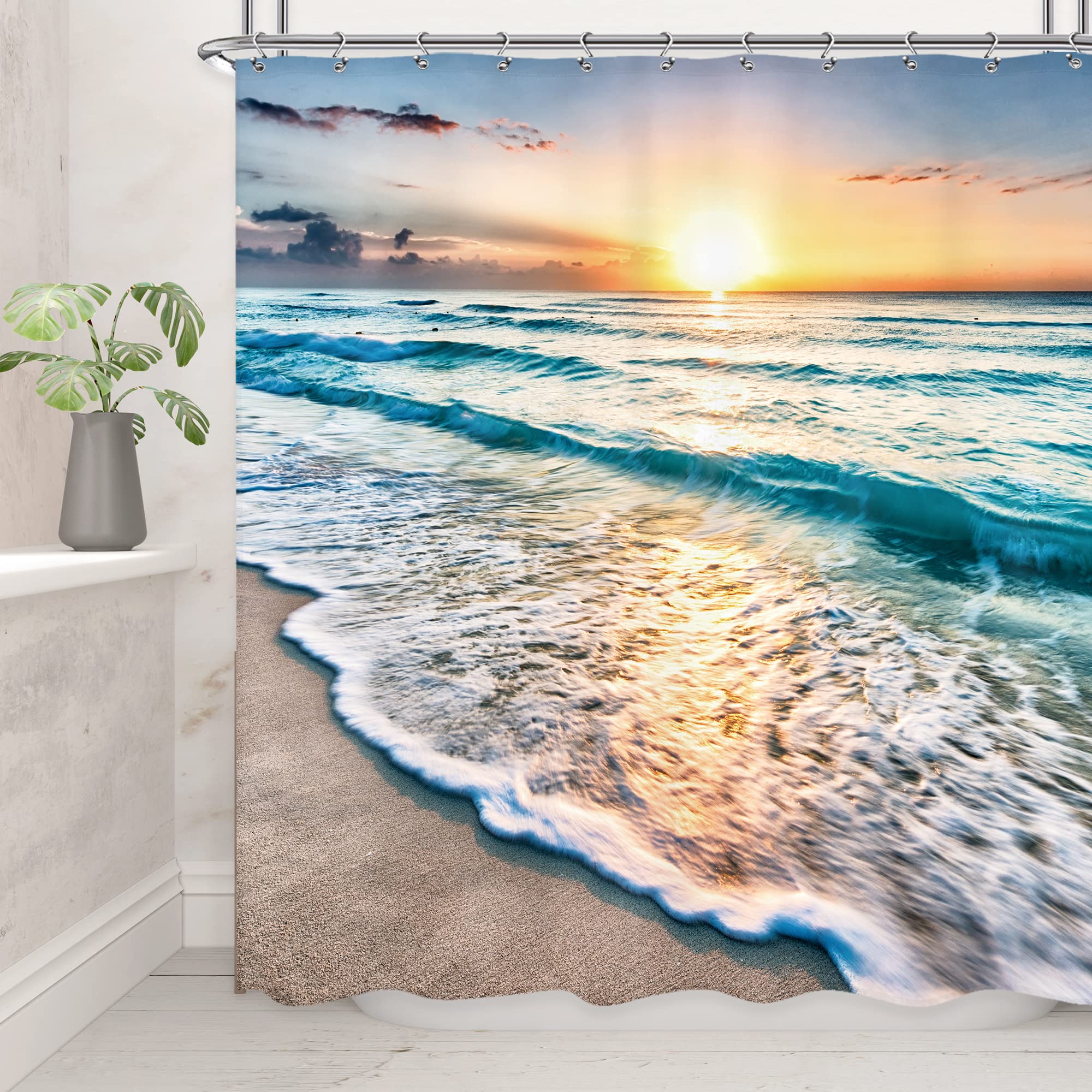 Riyidecor Beach Ocean Themed Cloth Fabric Decorative Shower Curtain Sets For Bathroom Sunrise Sunset View Scene 72X72 Inch Hawai