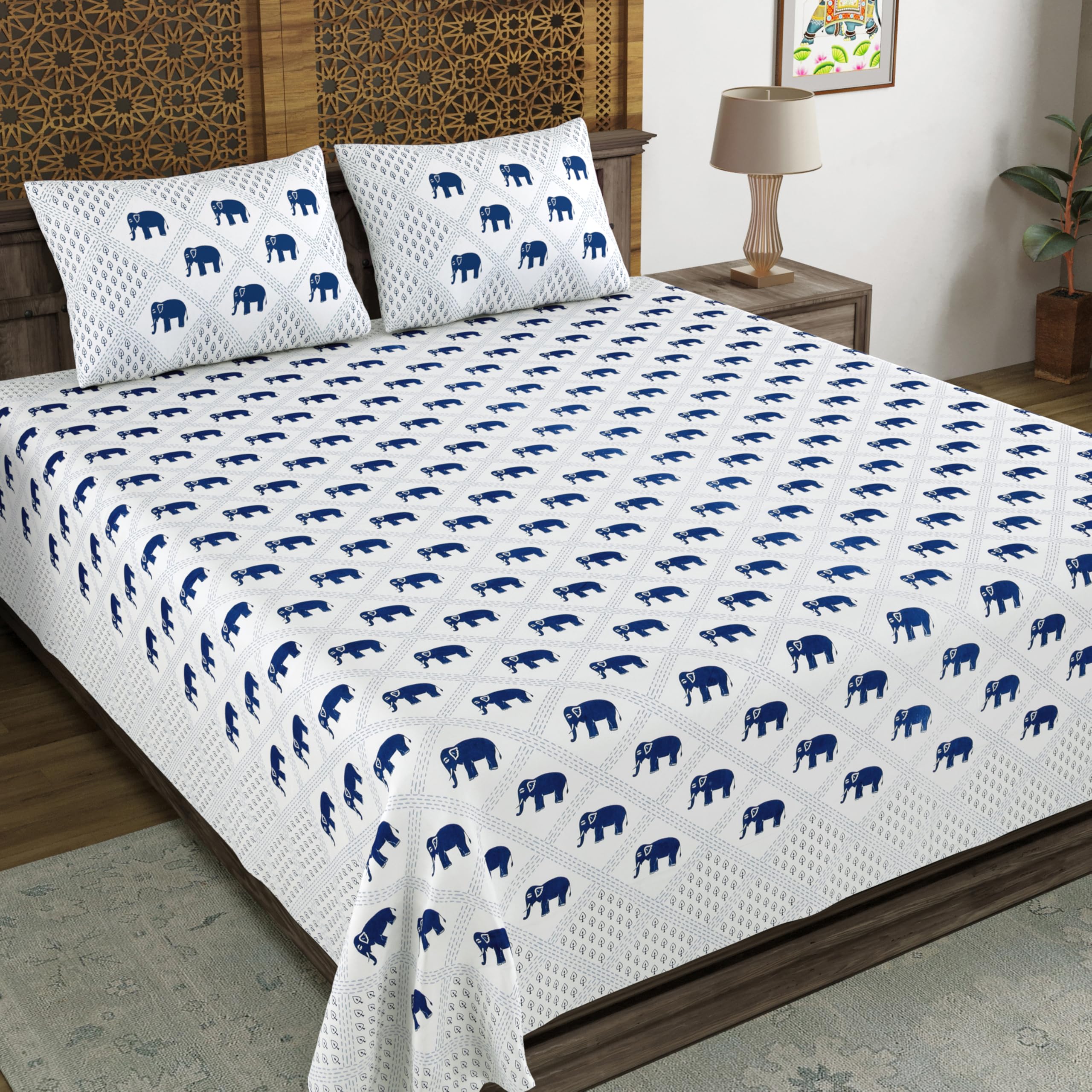 Blocks Of India Hand Block Printed 200 Tc Cotton Super King Size Bedsheet (Blue Gad Ele)
