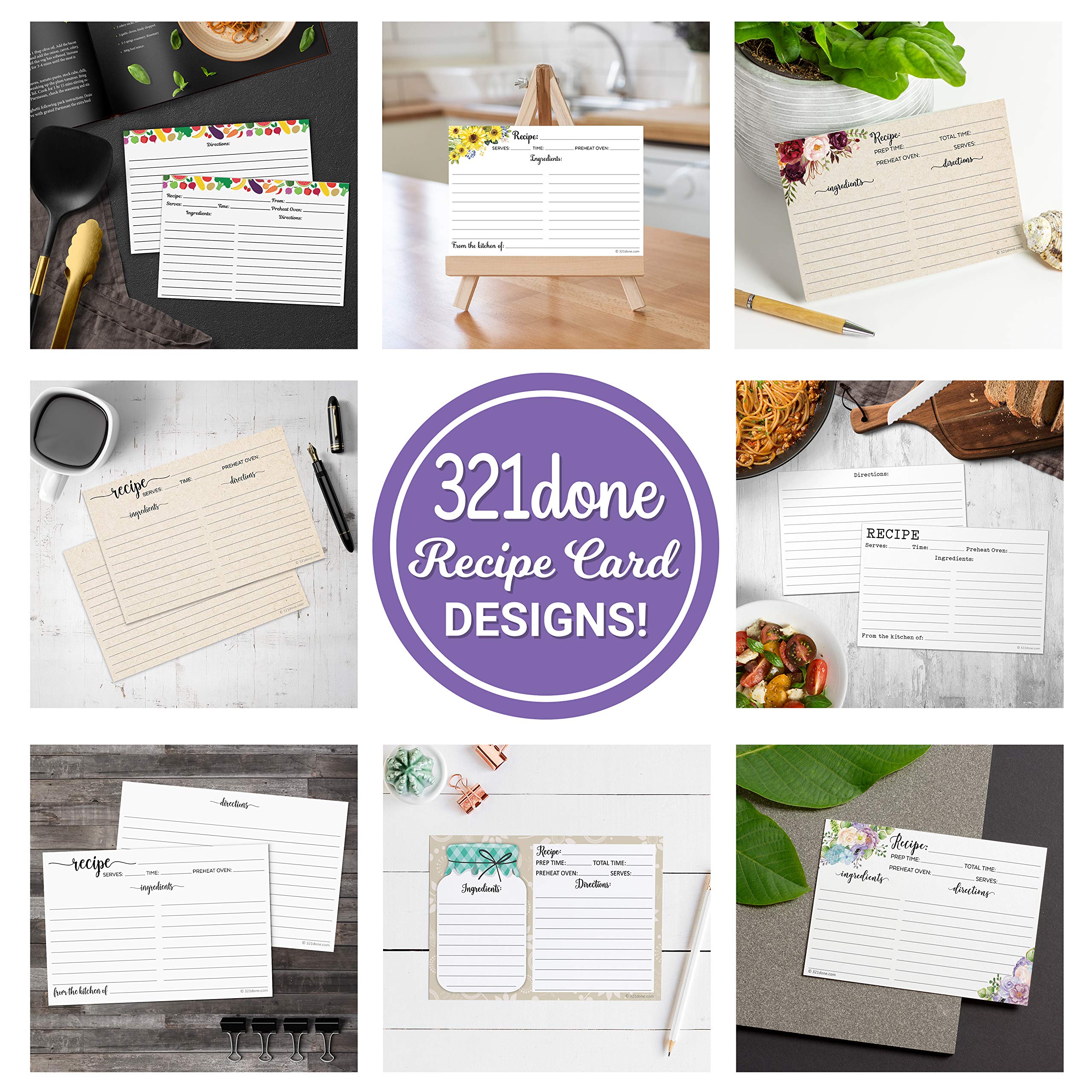 321Done Folding Recipe Cards (Set of 50) X-Large - Made in USA - Folds to 4x6 from 8x6 - Rustic Kraft Minimalist - Retro Vintage Luxury Thick Cardstock Jumbo Folded Double-Sided