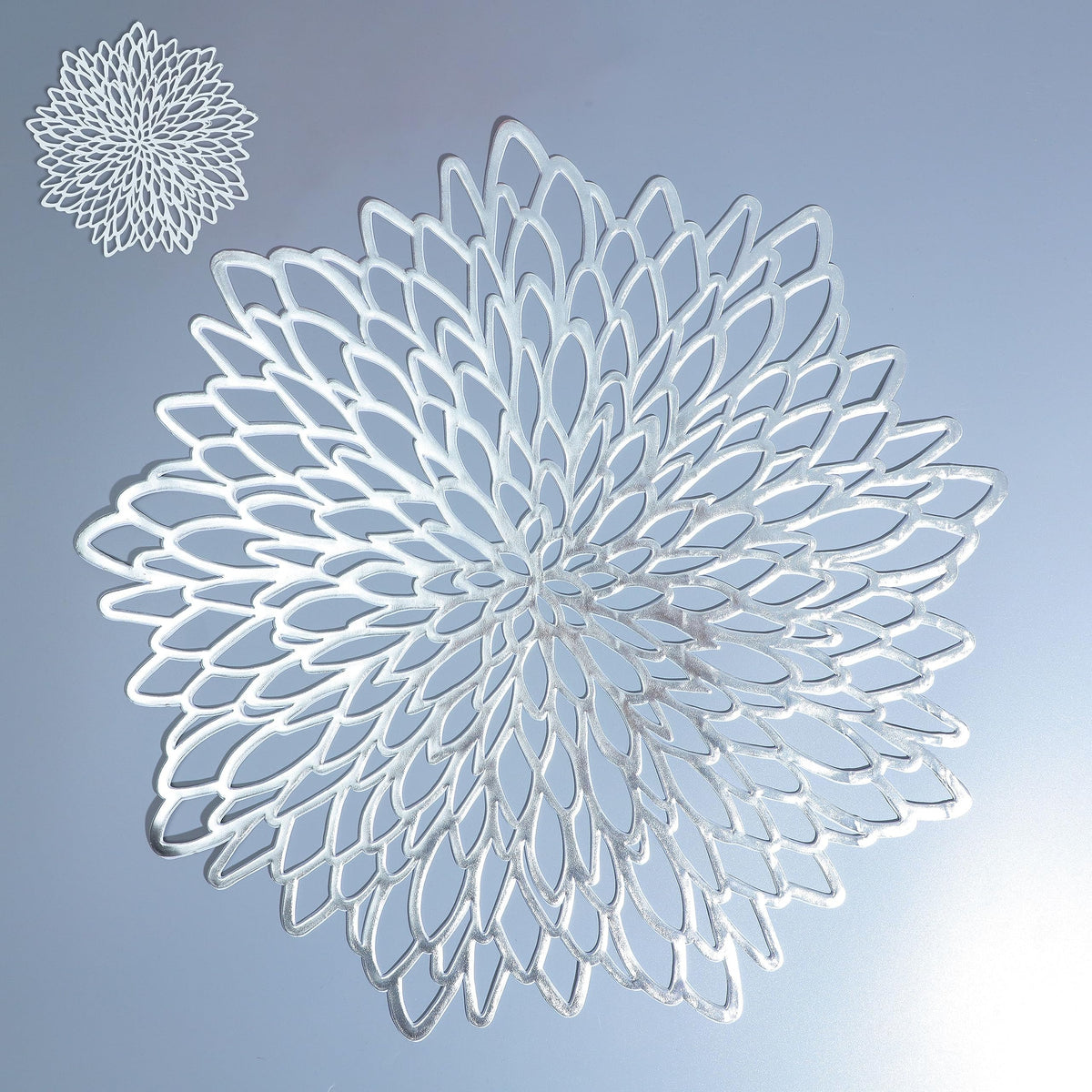 Snowkingdom 12 Pairs Of Silver Placemats & Coasters 24 Pcs Matching, Metallic Vinyl Dinning Table Mats, Round Flower Charger Pla