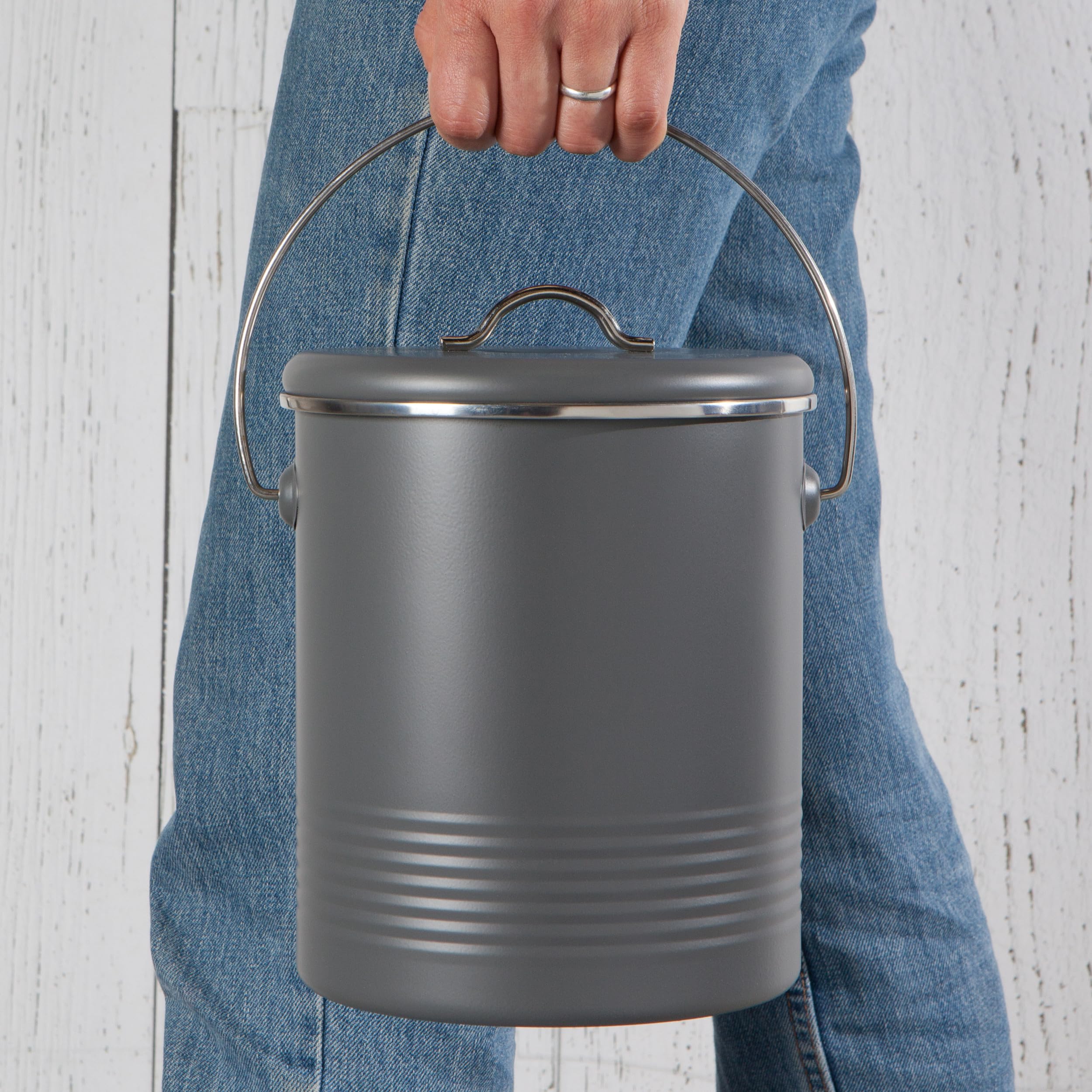 Now Designs Compost Bin Charcoal Powder Coated Steel With Charcoal Filter, 8.5 Inches High, 1.25 Gallon