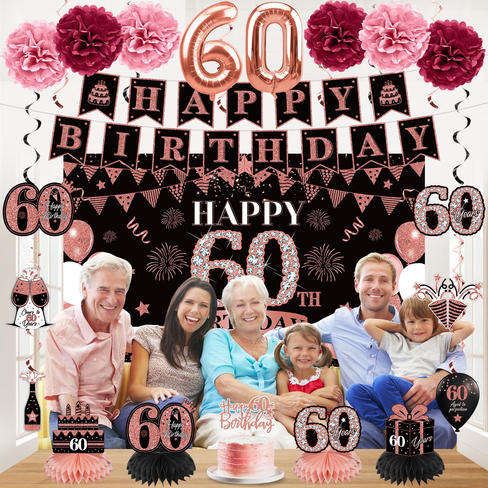 Eucutur 42Pcs 60Th Birthday Decoration Kit For Women, Rose Gold Happy 60Th Bday Banner Balloons Honeycomb Centerpiece Swirl Pape