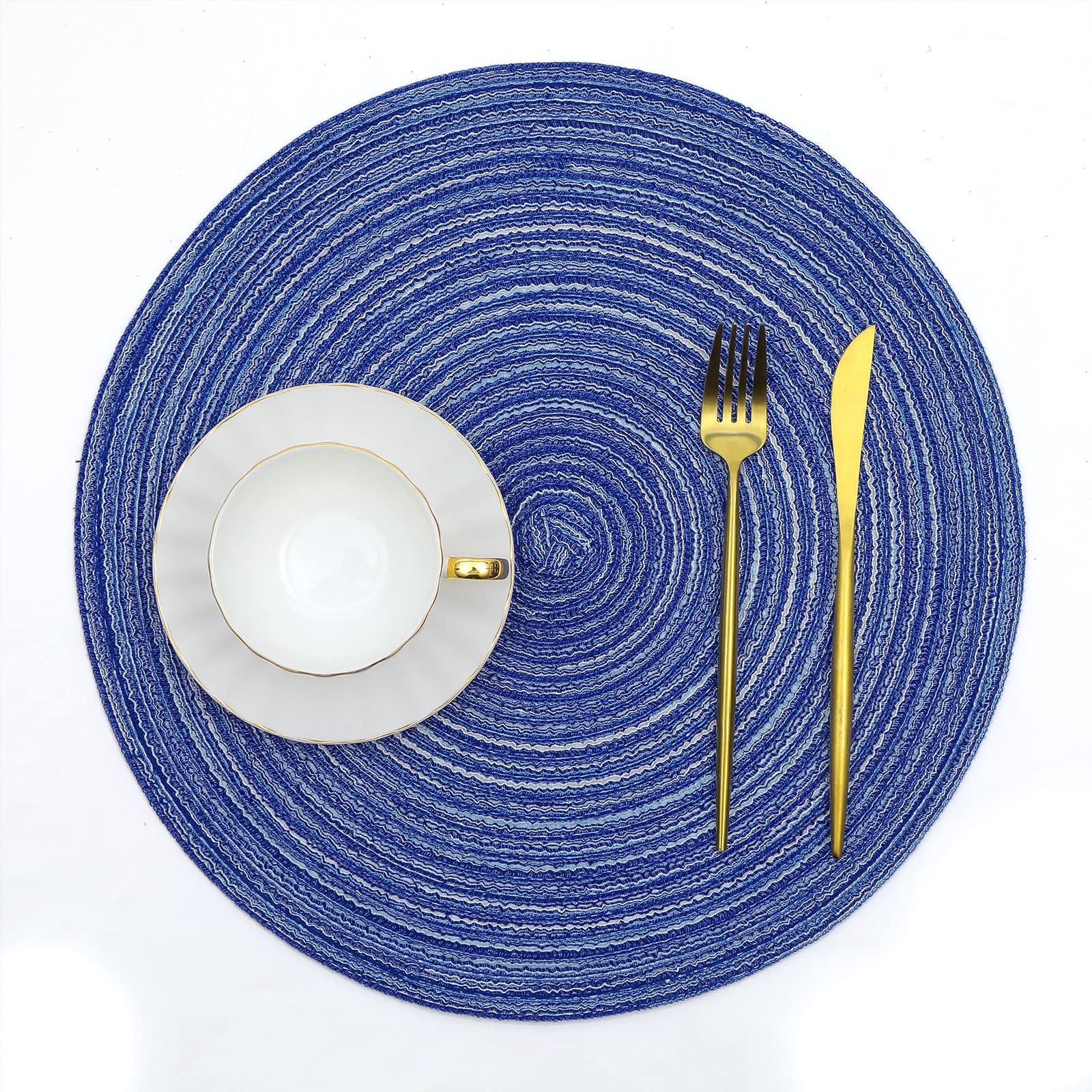 Shacos Round Braided Placemats 15 Inch Set Of 4 Washable Kitchen Table Placemats For Home Wedding Party (Blue White, 4)