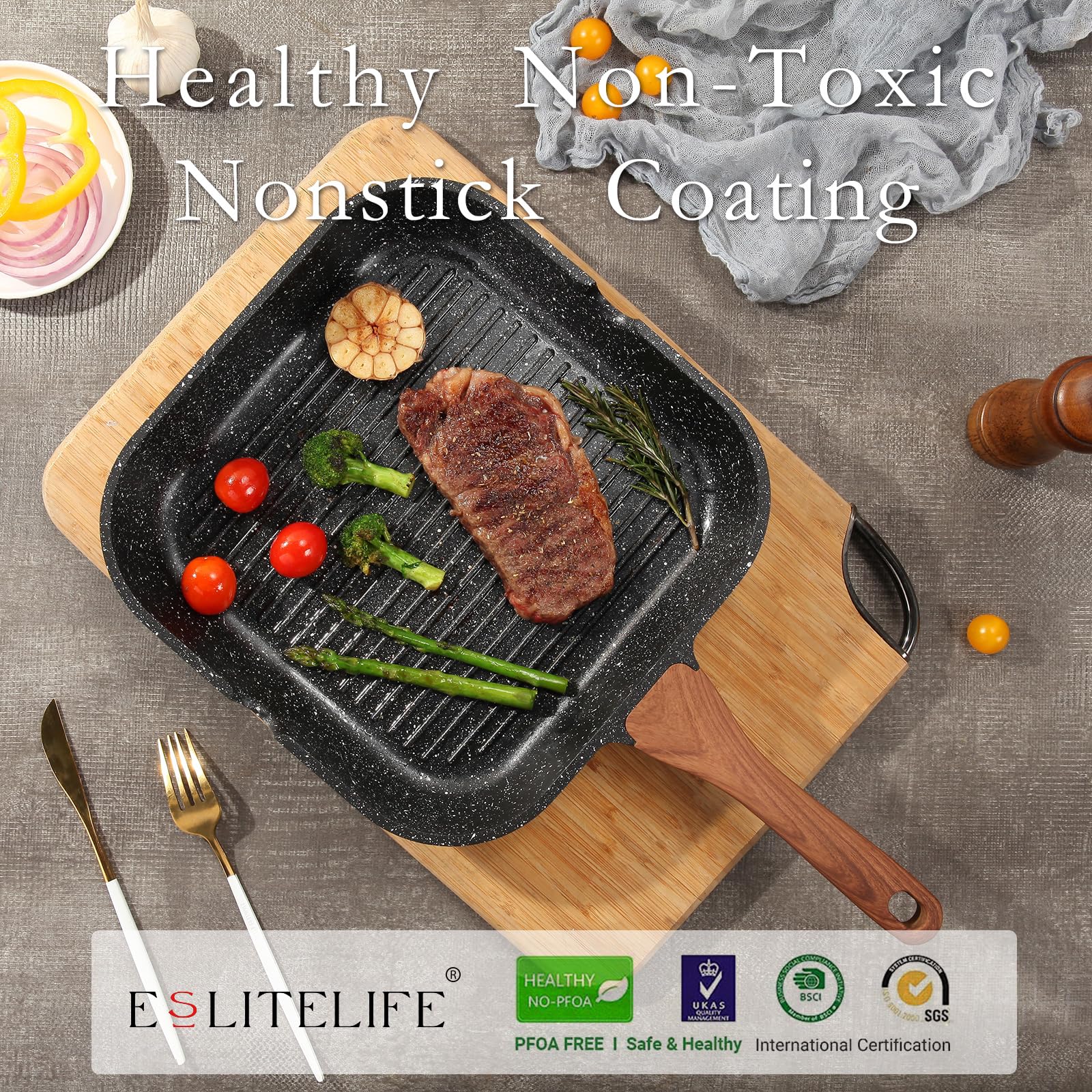 Eslite Life Nonstick Grill Pan For Stove Tops, Versatile Square Big Grill Skillet Steak Pan For Indoor Cooking & Outdoor Grillin