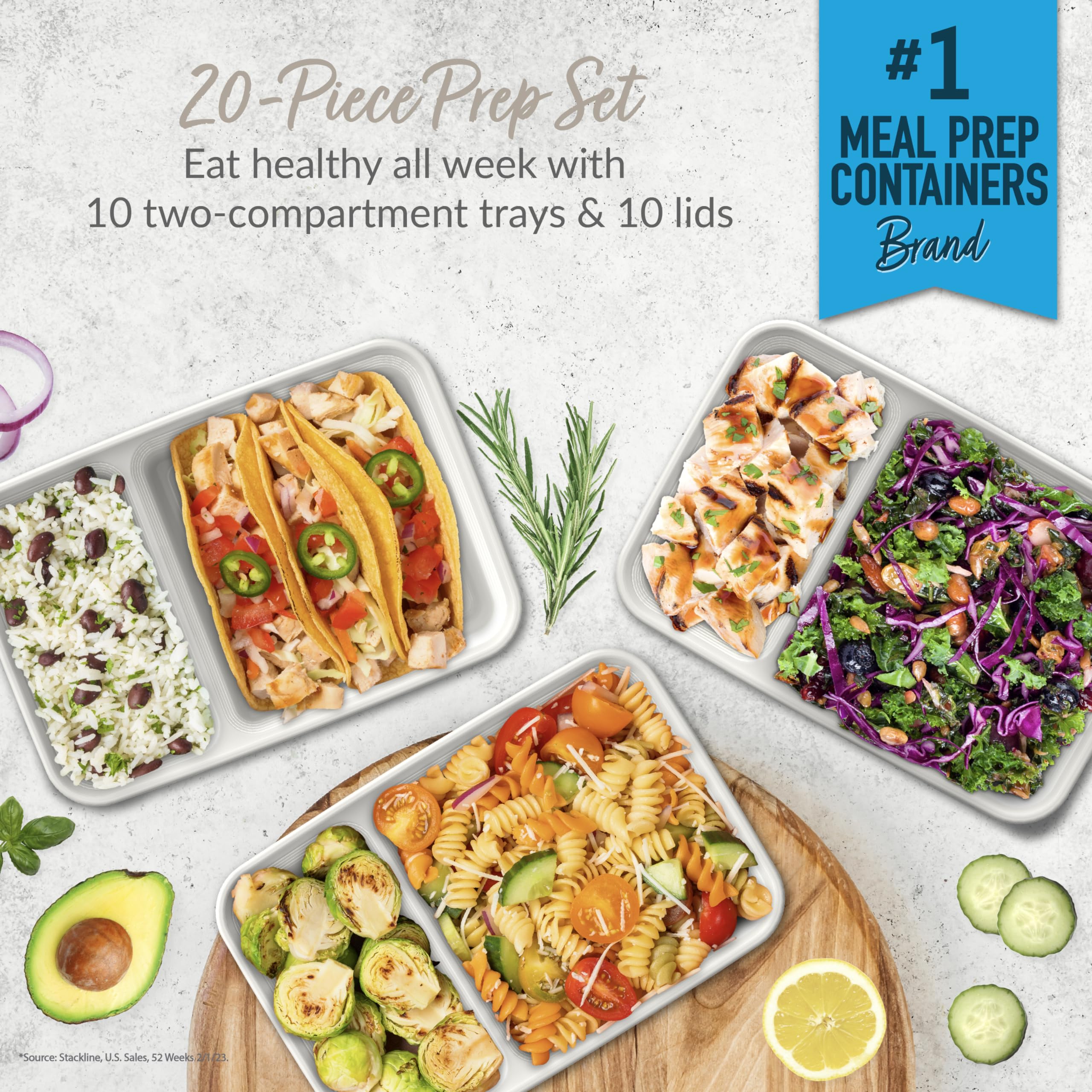 Bentgo 20-Piece Lightweight, Durable, Reusable Bpa-Free 2-Compartment Containers - Microwave, Freezer, Dishwasher Safe - Whisper