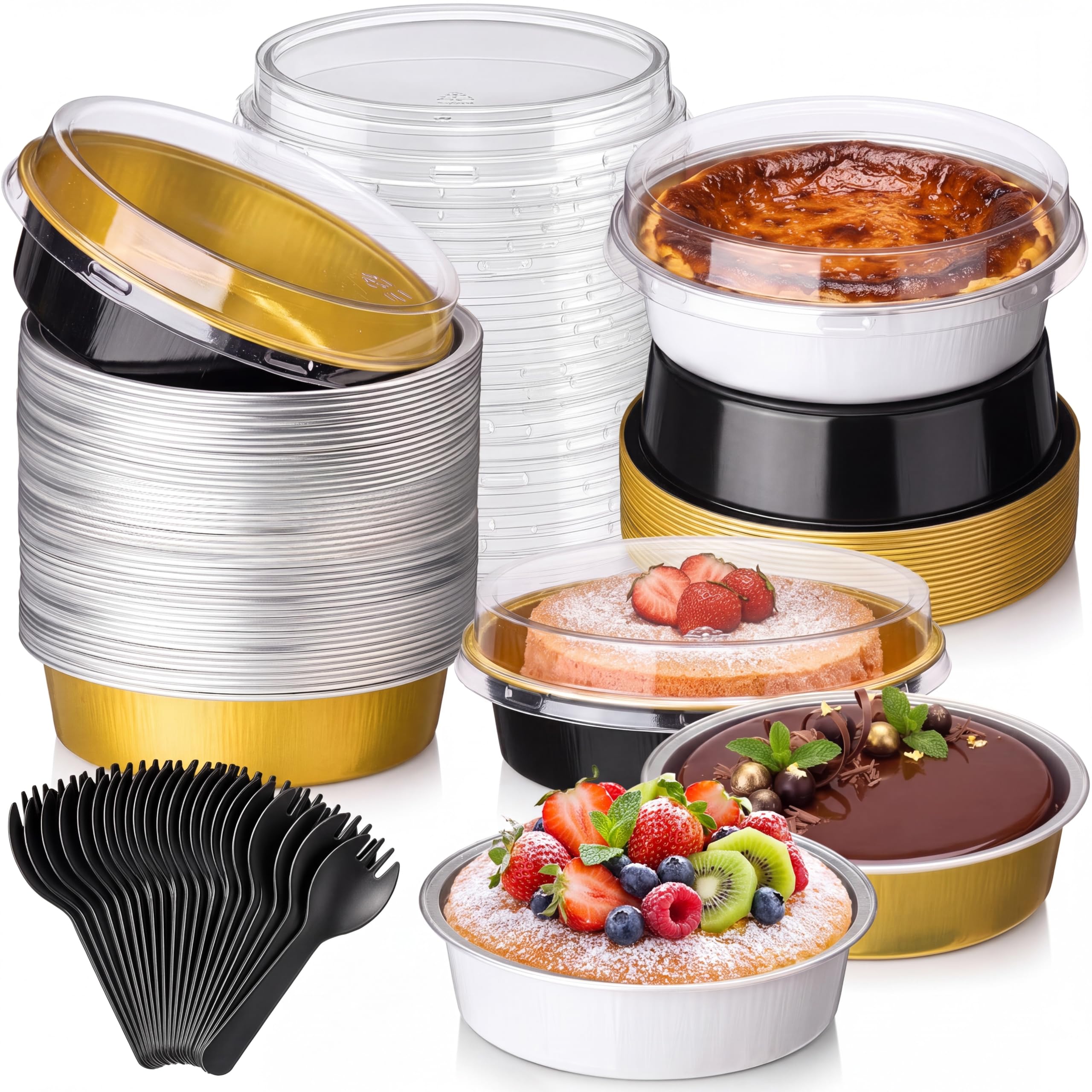 Acellegic 60 Pack Mini Cake Pan with Lid and Spoon 8oz, Black Gold White