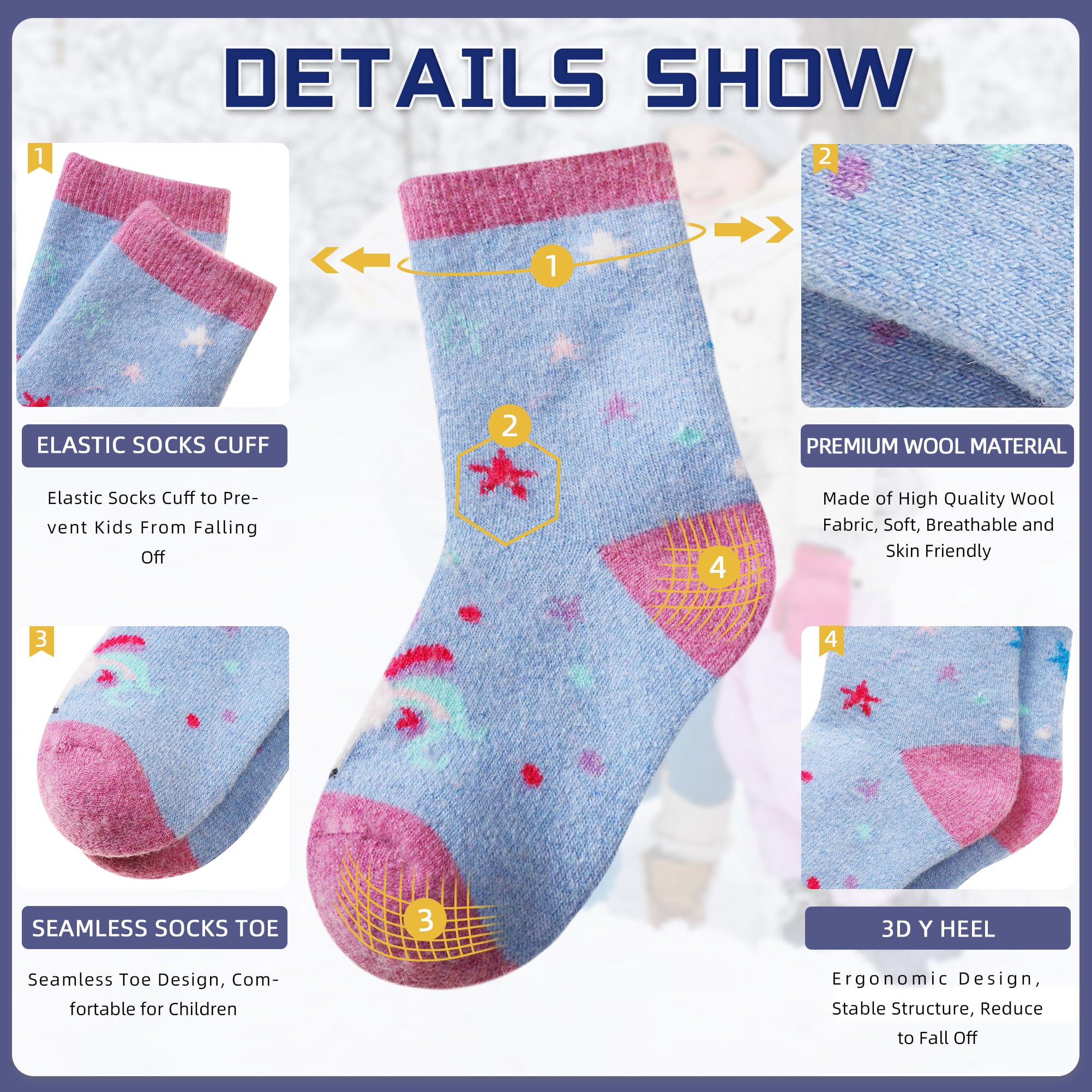 Eocom Kids Wool Socks Winter Warm Wool Hiking Thermal Thick Boot Cozy Crew Socks For Toddlers Boys Girls 6 Pairs(Cute Unicorn, 4