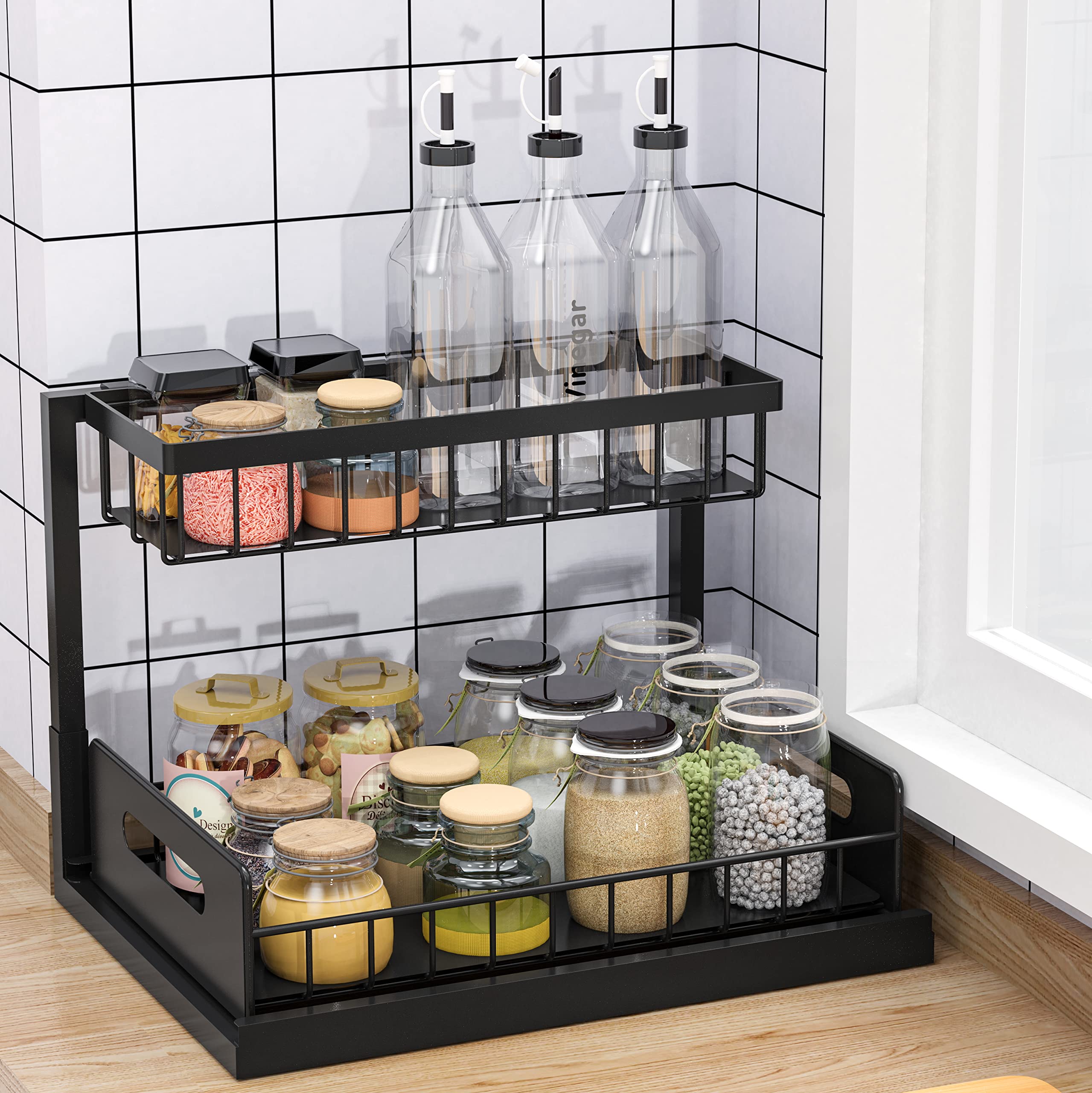 Bukfen Under Sink Organizer, Pull Out Cabinet Organizer 2-Tier Slide Out Sliding Shelf Under Cabinet Storage Multi-Use For Under