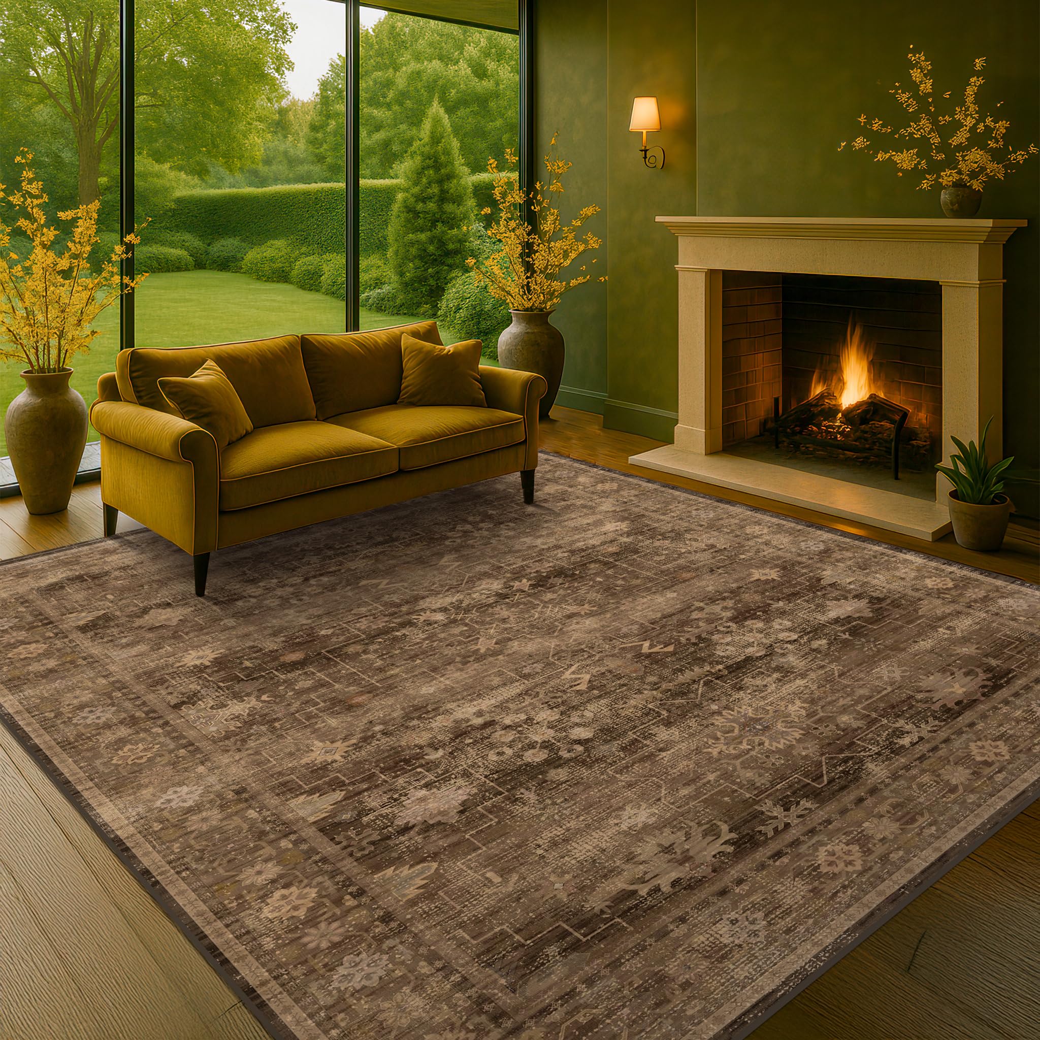 Hazo Haus Boho Brown Living Room Rug 6x8 - Modern Vintage Traditional Oriental Taupe Neutral, Washable Low Pile Non-Slip Extra L