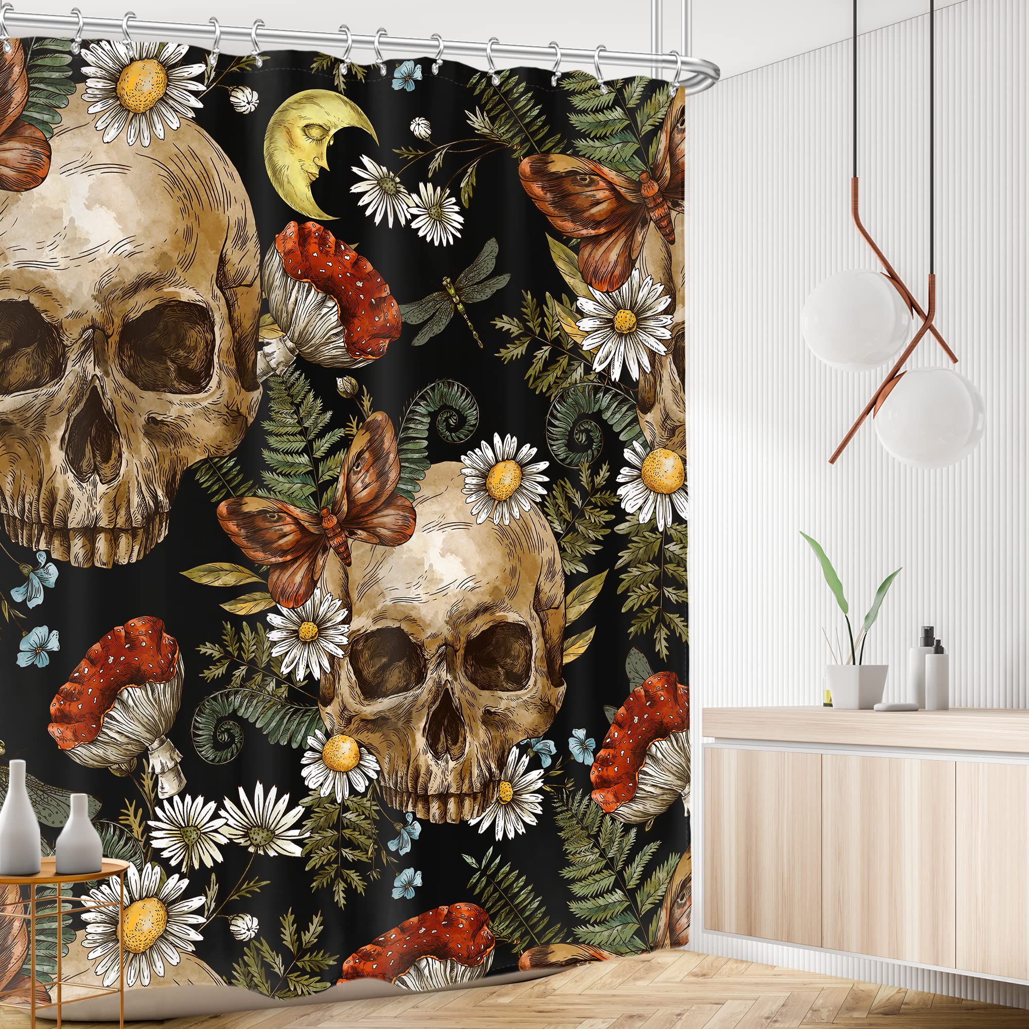 Ambzek Sugar Skull Shower Curtain Mushroom Floral 72Wx72L Inch Gothic Halloween Bathroom Decor Set Goth Skeleton Spooky Mens Hor