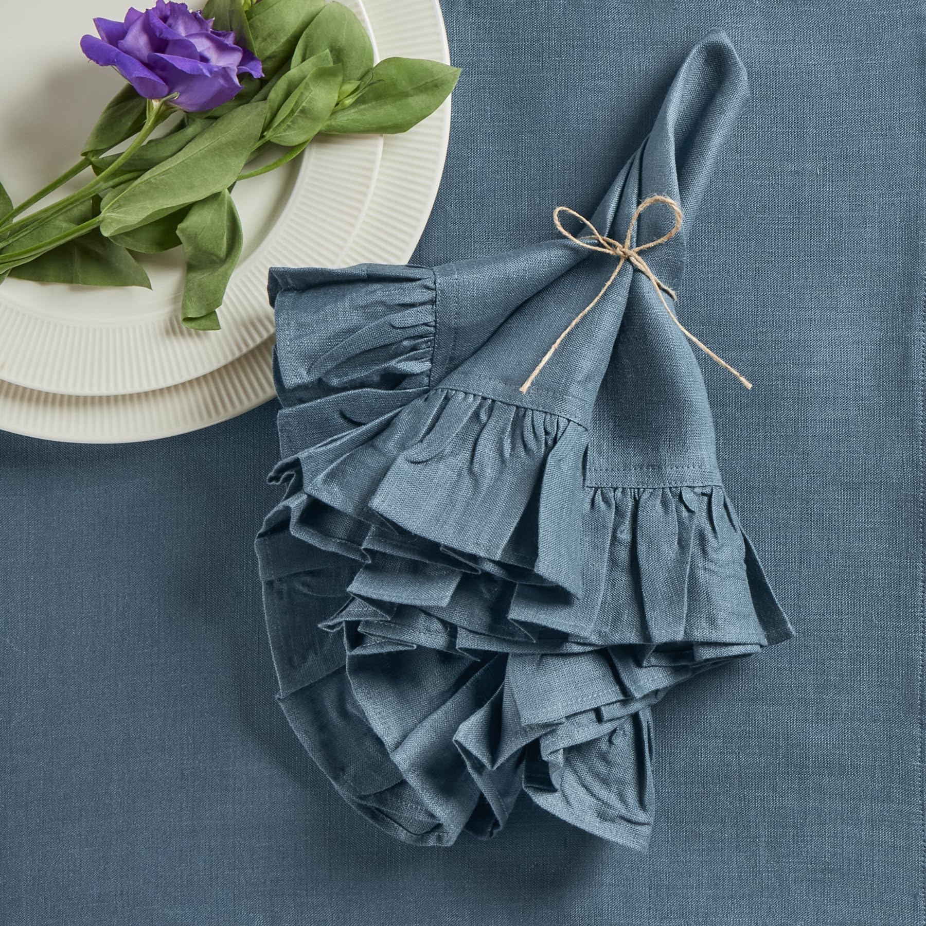 Solino Home Linen Ruffle Dinner Napkins 20 X 20 Inch - 100% Pure Linen Peacock Blue Cloth Napkins Set Of 4 - Gabrielle Ruffle, H