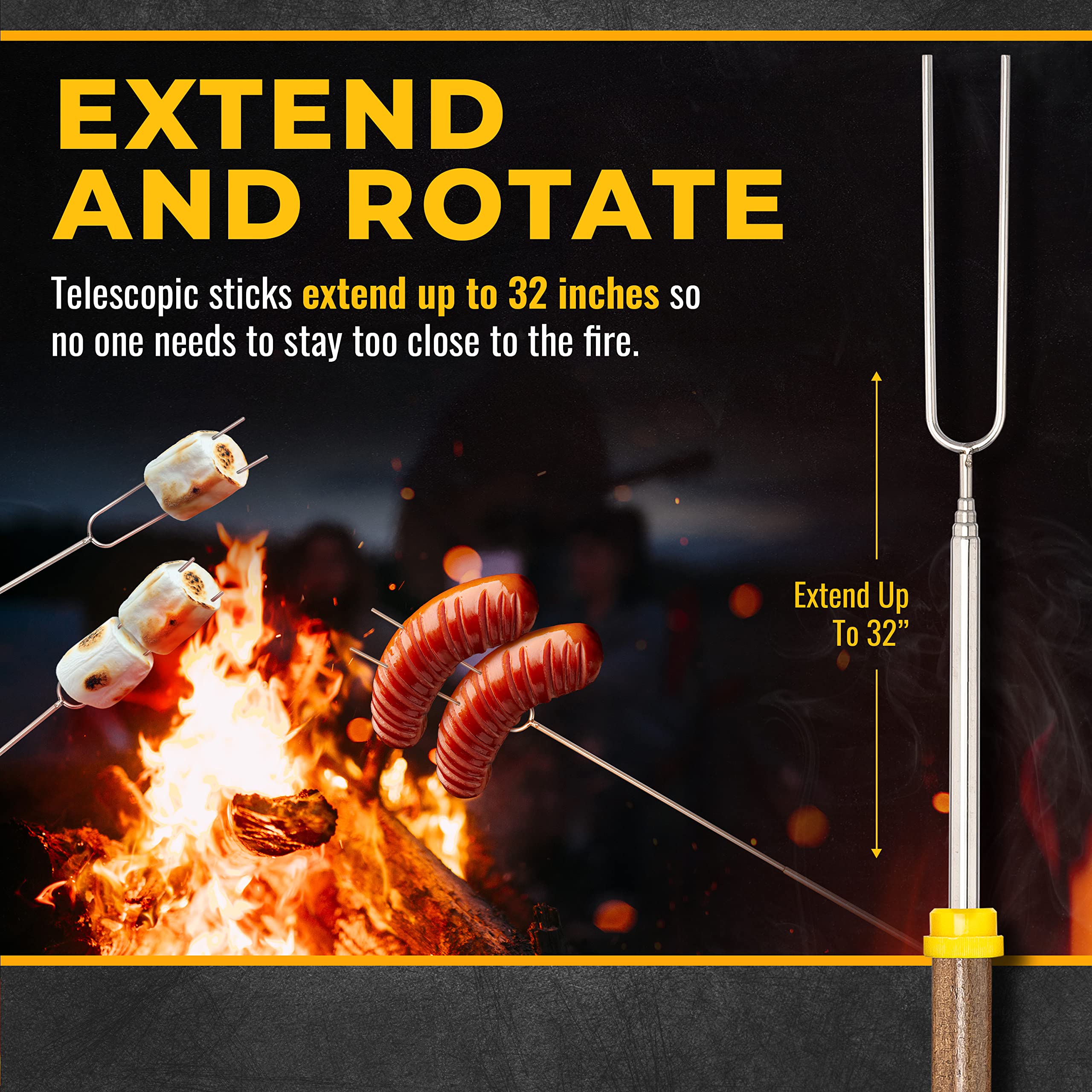 CORQUE Marshmallow Roasting Sticks  Smores Sticks  Extendable  Camping Skewer for Fire Pit  Wooden Handle  32inch Metal for BBQ Hotdog  Cooking  Campfires  Bonfires  Set of 5