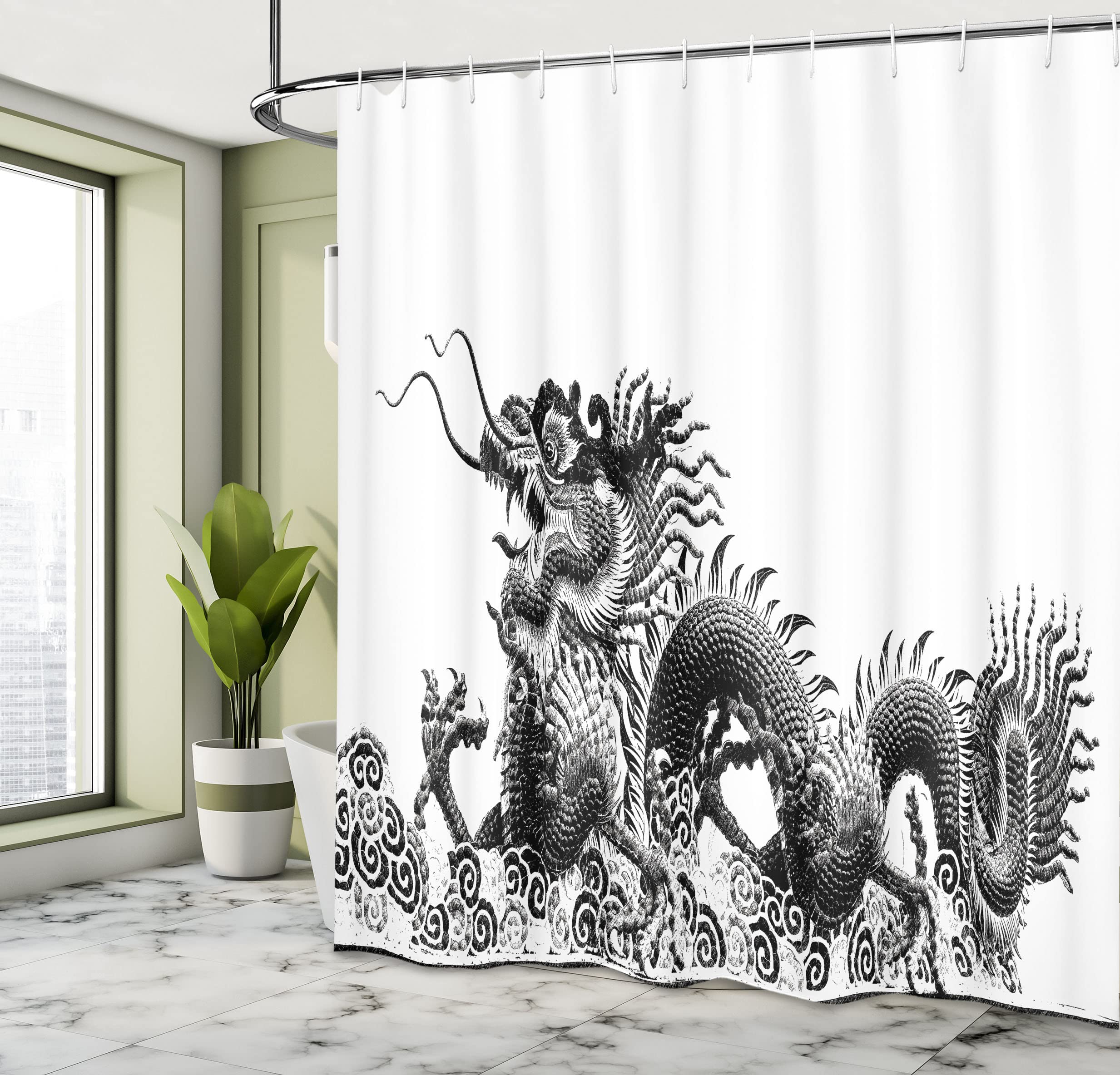 Ambesonne Dragon Shower Curtain, Traditional Chinese Dragon Symbolize Strength And Luck Powers Fantasy Graphic, Cloth Fabric Bat