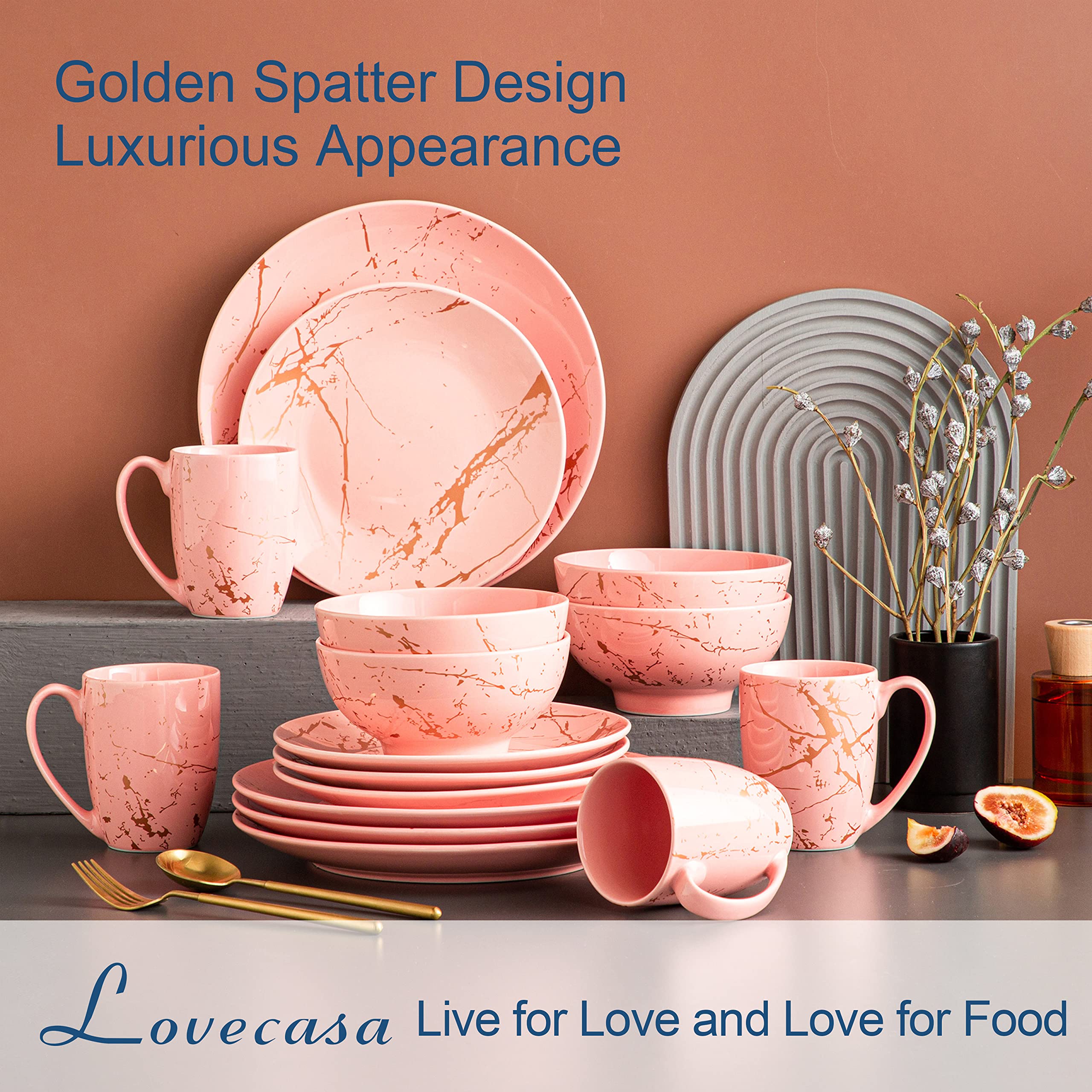 LOVECASA Pink Dinnerware Sets for 4, 16 Piece Porcelain Dish Set Plates and Bowls Sets with Mugs, Gold Splash Glaze Round Dish S