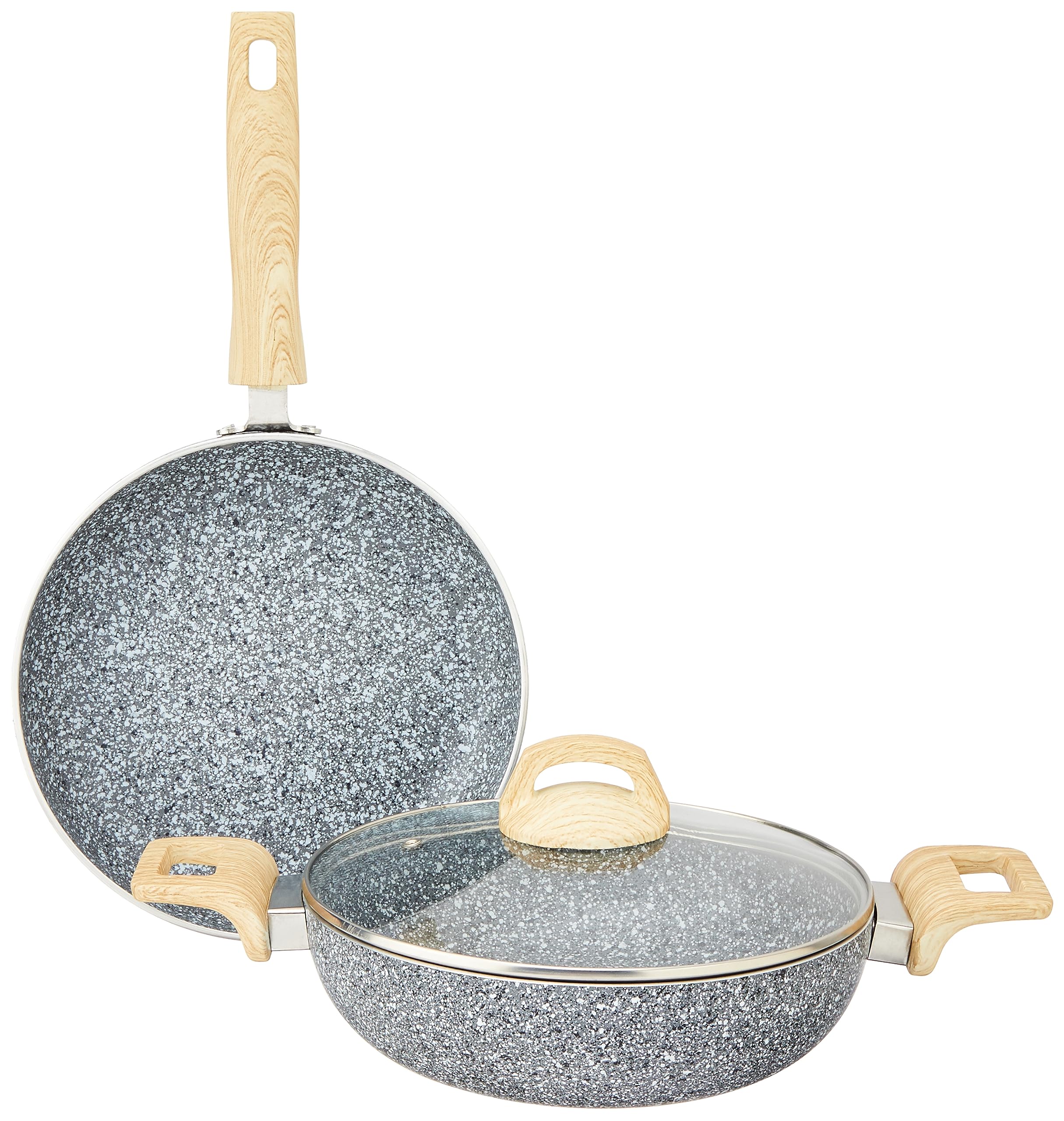 Amazon Basics Granite Finish Aluminium Non-Stick Induction Base Cookware | Set Of 2 | 24Cm Fry Pan, 24 Cm Kadai | Granito Grey |