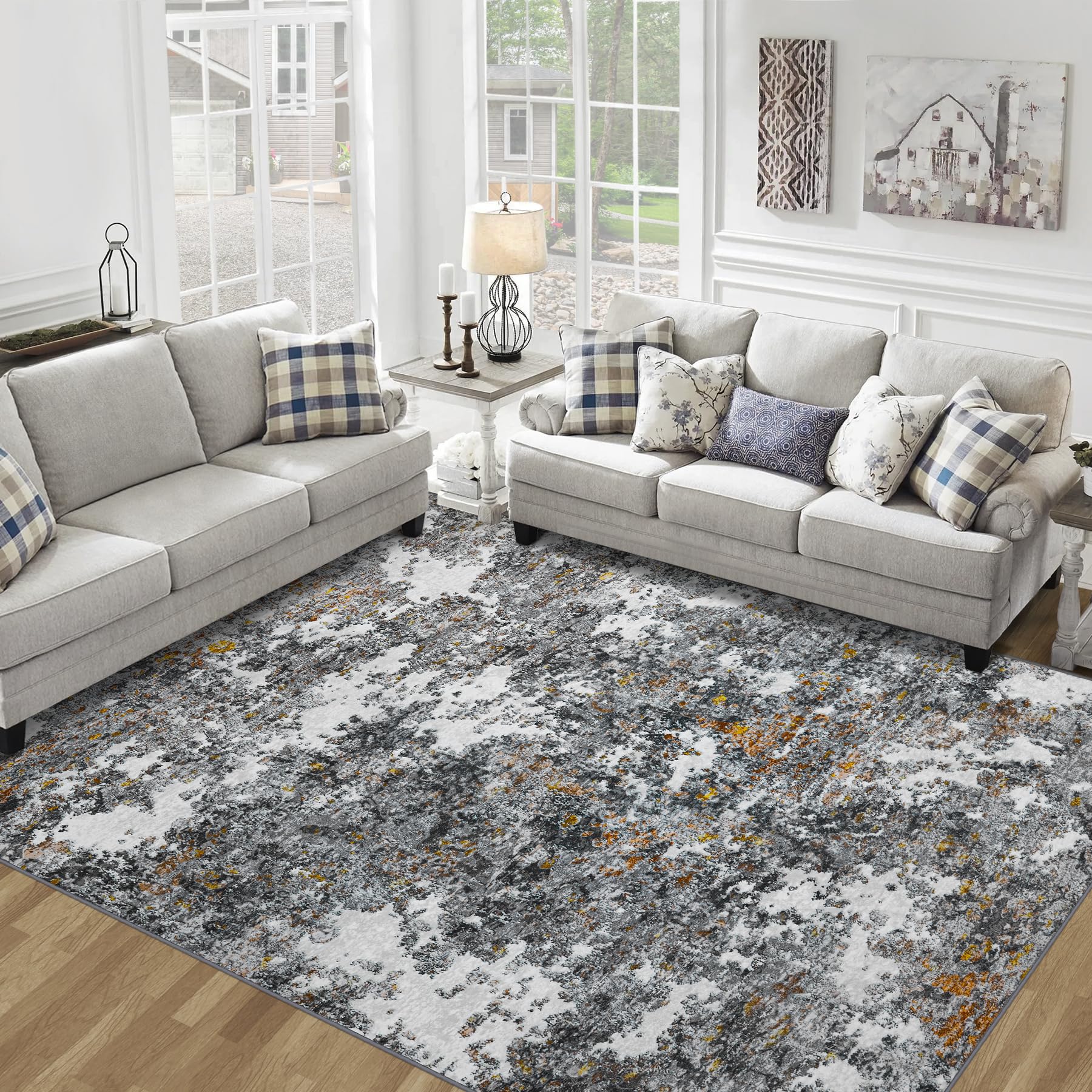 Area Rug Living Room Rugs: 5x7 Washable Rug with Anti-Slip Backing Non-Shedding Stain-Resistant Foldable Modern Abstract Carpet 
