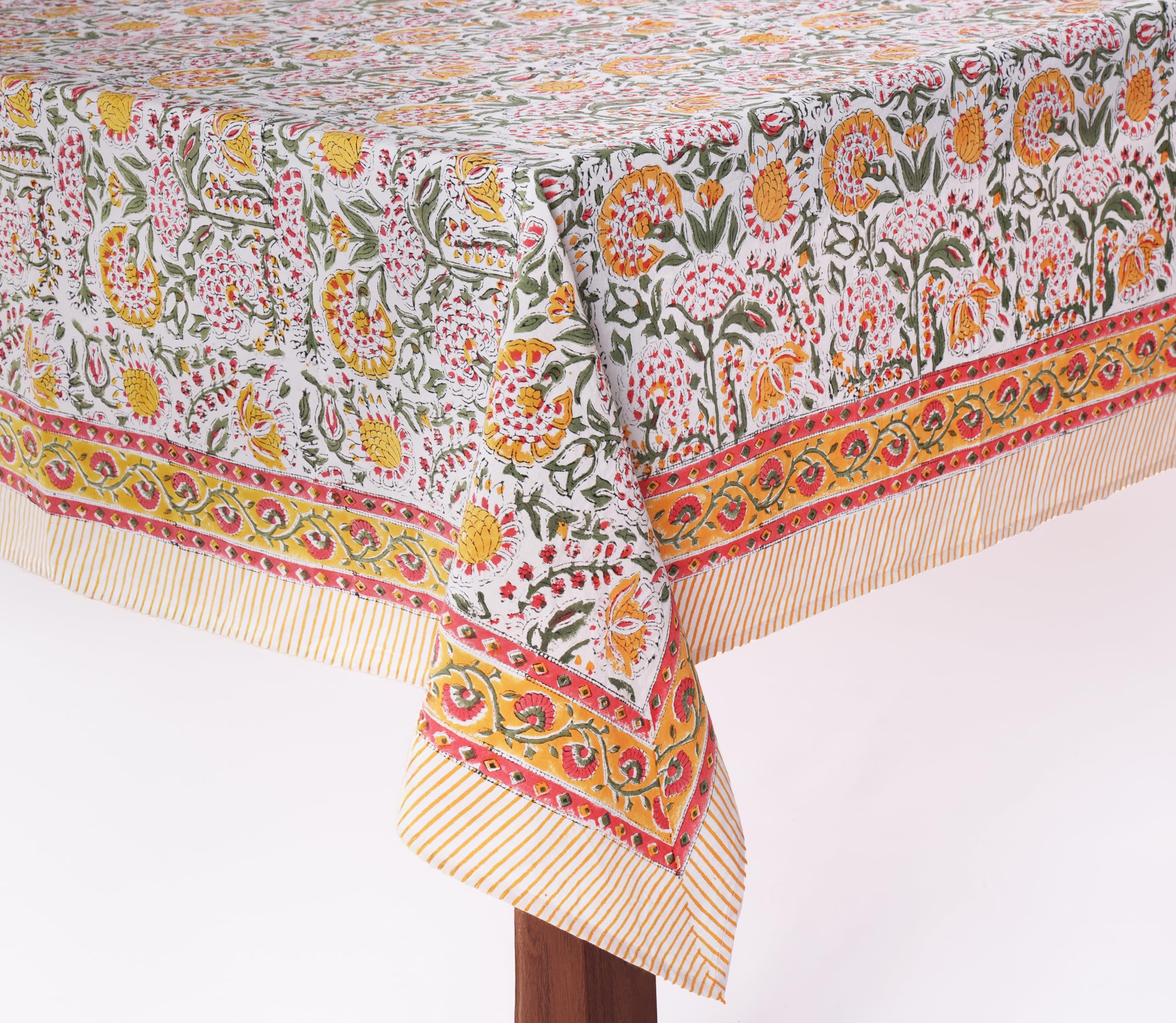ATOSII Clover Yellow 100% Cotton Square Fall Tablecloth, Handblock Floral Print Linen Table Cloth for Kitchen Dining I Parties,