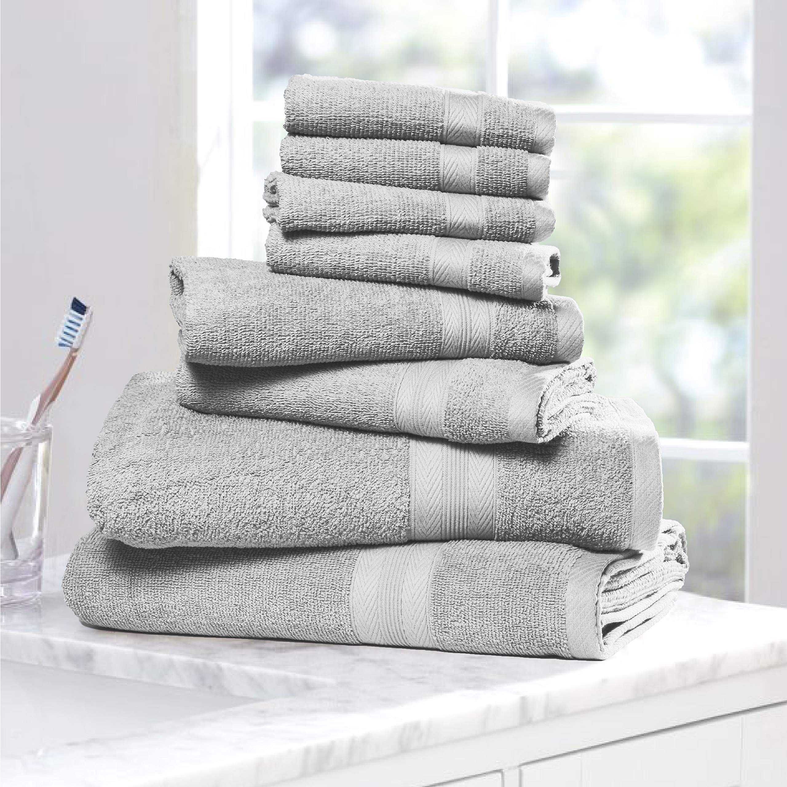 BOUTIQUO Light Grey Towel Set - 8 Piece Bathroom Towel Set - 100% Ring Spun Cotton  2 Bath Towel 27x54  2 Hand Towel 16x28 and 4 Washcloth 13x13 - Ultra Soft Highly Absorbent Towel Set - Light Grey
