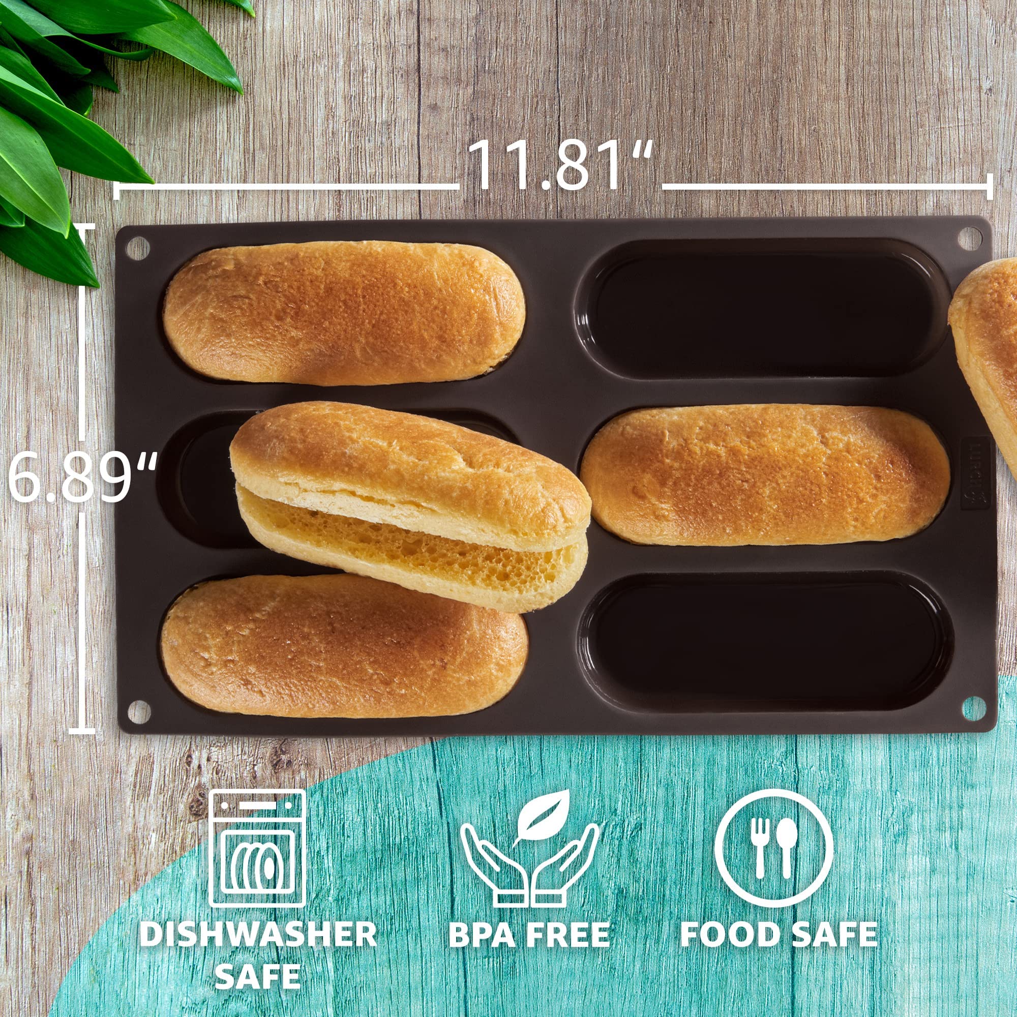 Lurch Hot Dog Buns Mold | Silicone Non-Stick Flexiform Baking Pan | 5 Inch Hotdog Finger Food Snack Bread, Rolls, Cake And Eclai