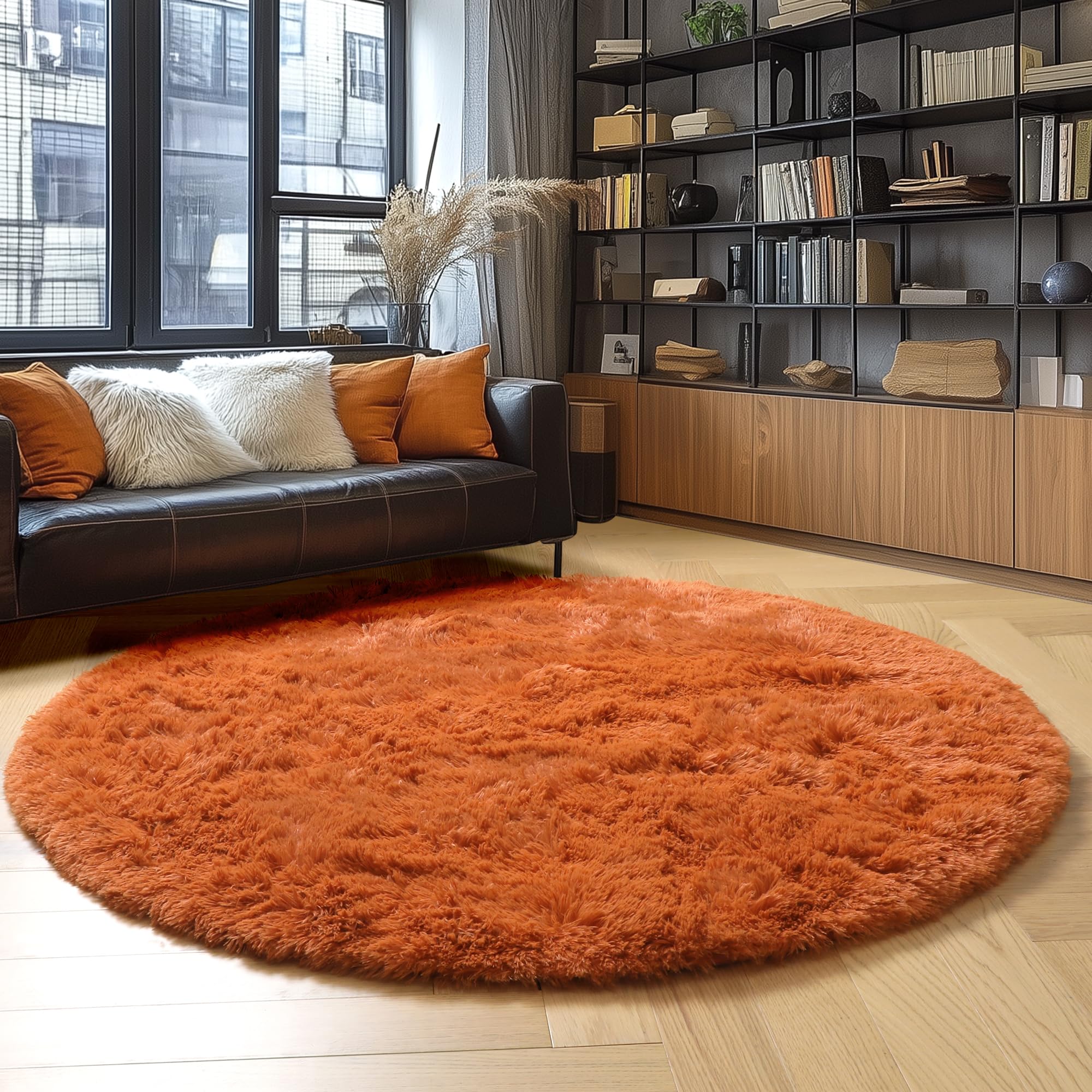 Amdrebio Burnt Orange Round Circle Rug 6Ft for Bedroom Living Room, Fluffy Shaggy Furry Fuzzy Area Rugs for Kids Room Decor Aest