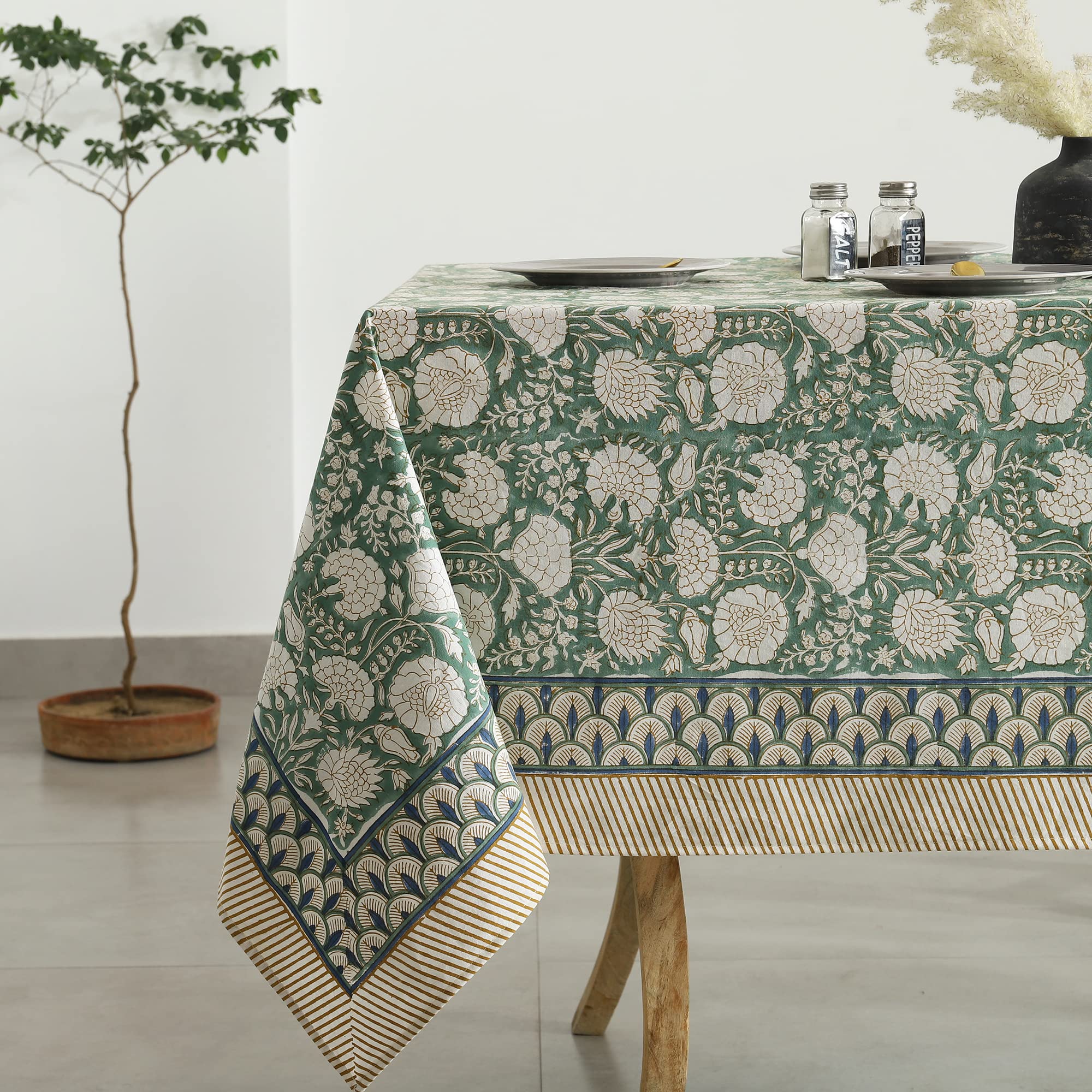 Labhanshi Indian Handblock Print Floral Cotton Table Cloth|Rectangle 60x90 Inch 6-Seater Kitchen Dining Table Cloth|Mothers Day