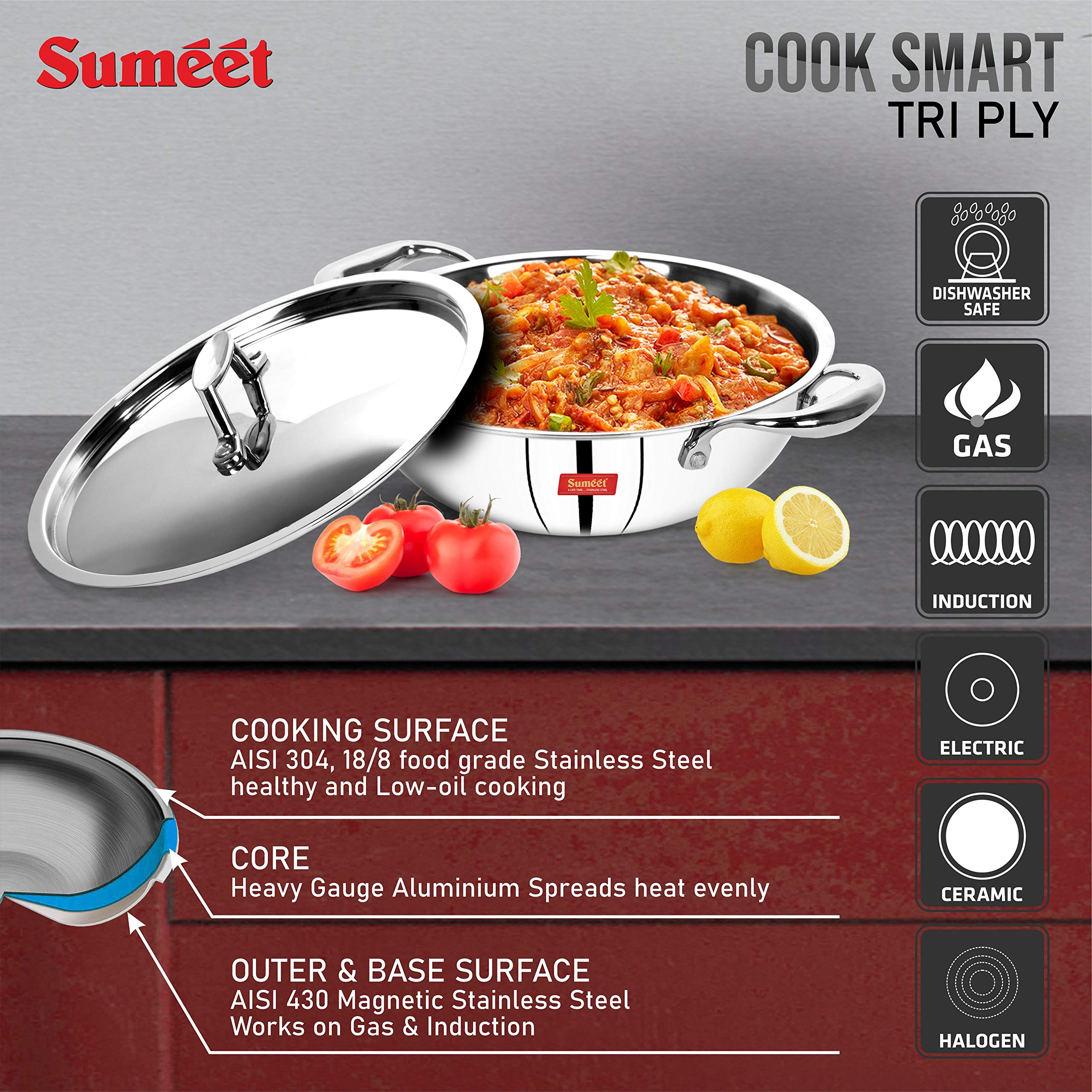 Sumeet Cook Smart Triply Sas (Steel-Aluminium-Steel - 3 Layers) Kadhai With Lid - 4 Ltr - 28Cm