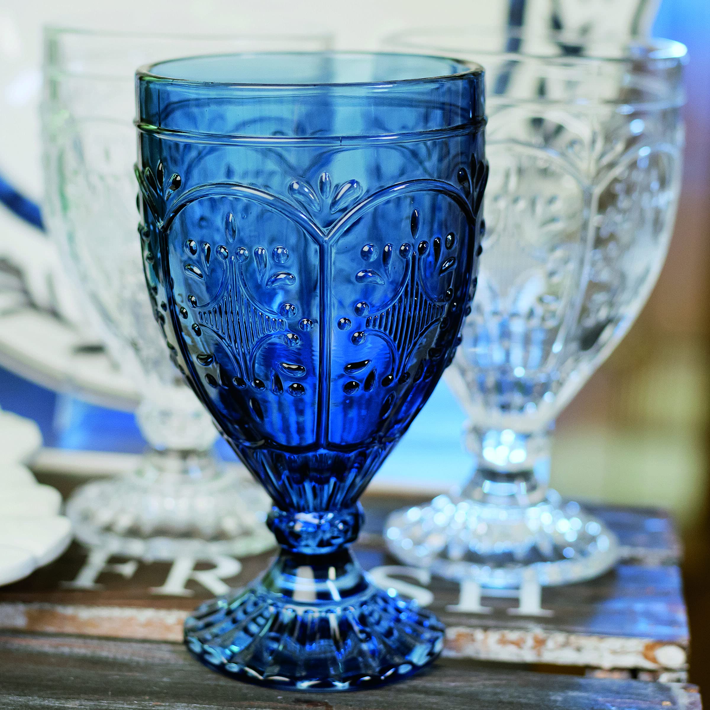 Fitz And Floyd Trestle Glassware Ornate Goblets, 4 Count (Pack Of 1), Indigo