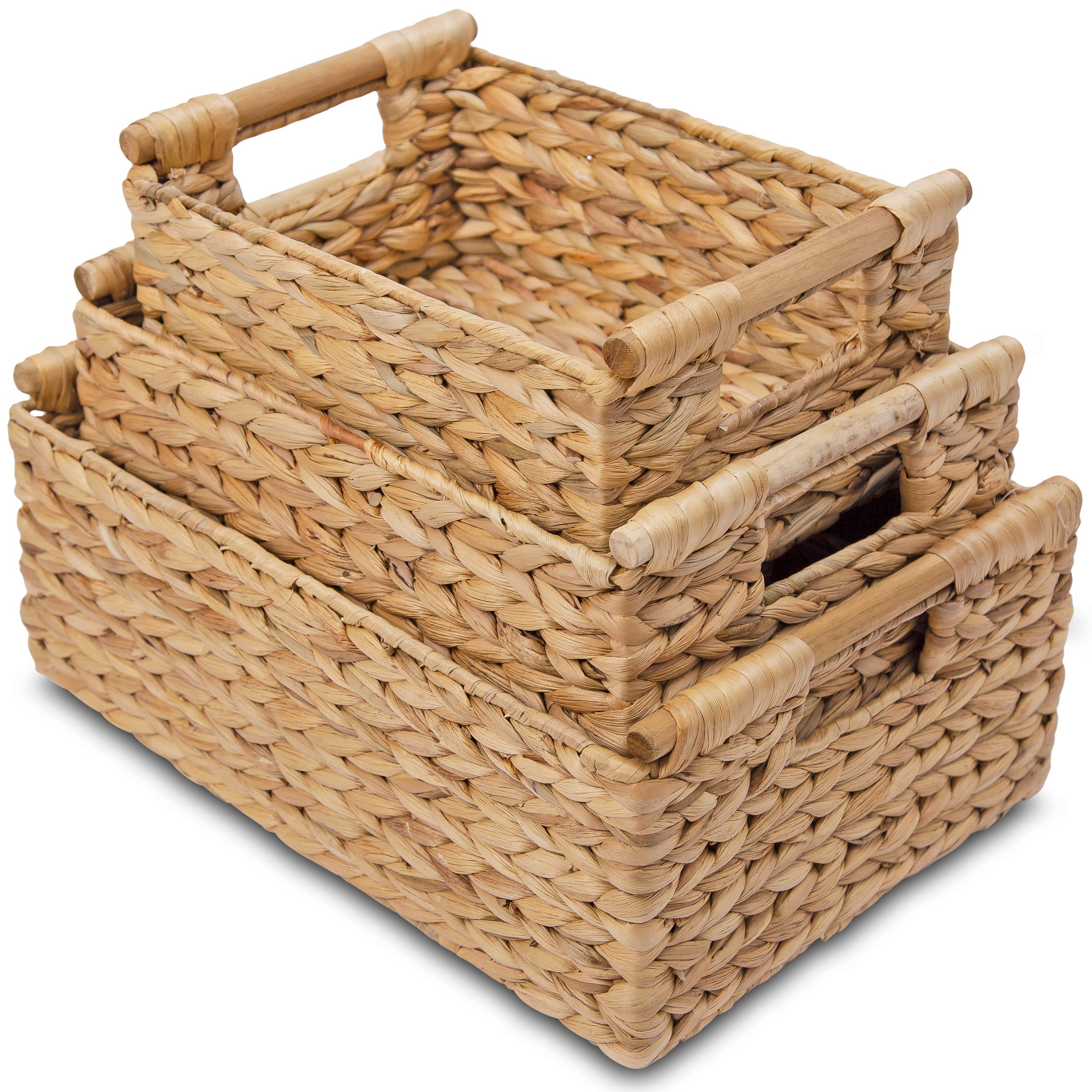 Vatima Hyacinth Wicker Basket Set 3 Size - Rectangular, Wooden Handles, Shelf Organizer, Natural Bins
