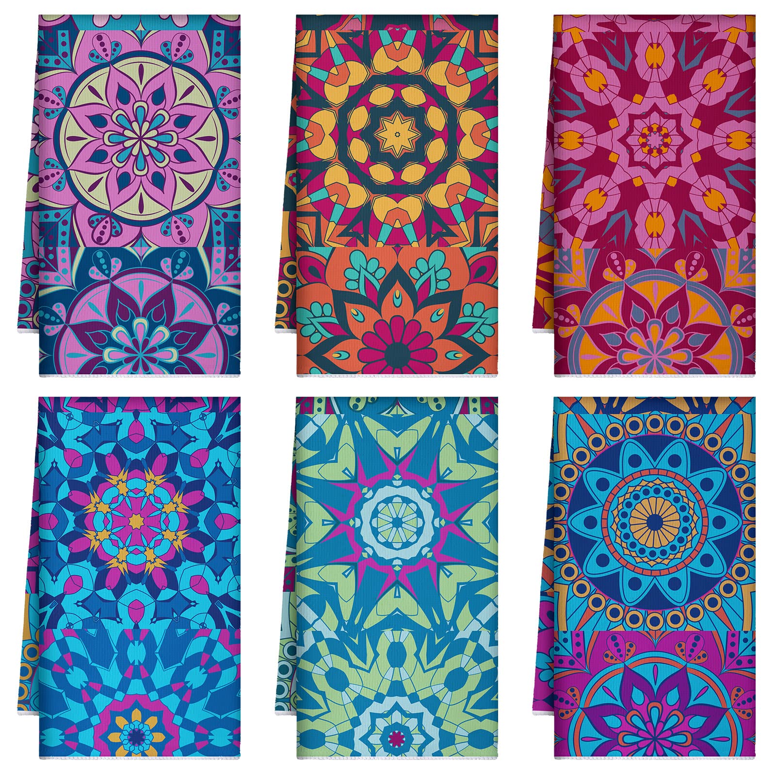Boyiee Set of 6 Mandala Kitchen Towels Absorbent Boho Dish Towels 24 x 16 Inches Multicolor Hand Dishcloths Mandala Lover Gifts 