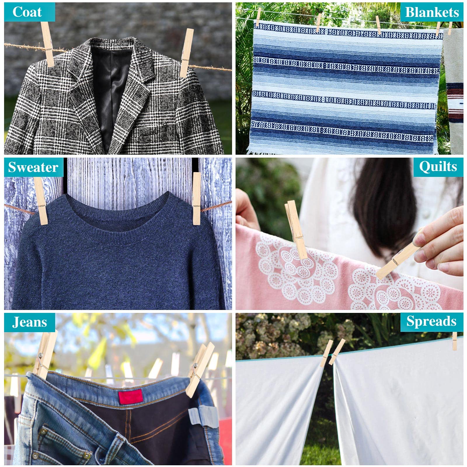 100pcs Clothes Pins Wood - 4 inch Heavy Duty Wooden Clothespins for Hanging Clothes Outdoor Clip Crafts