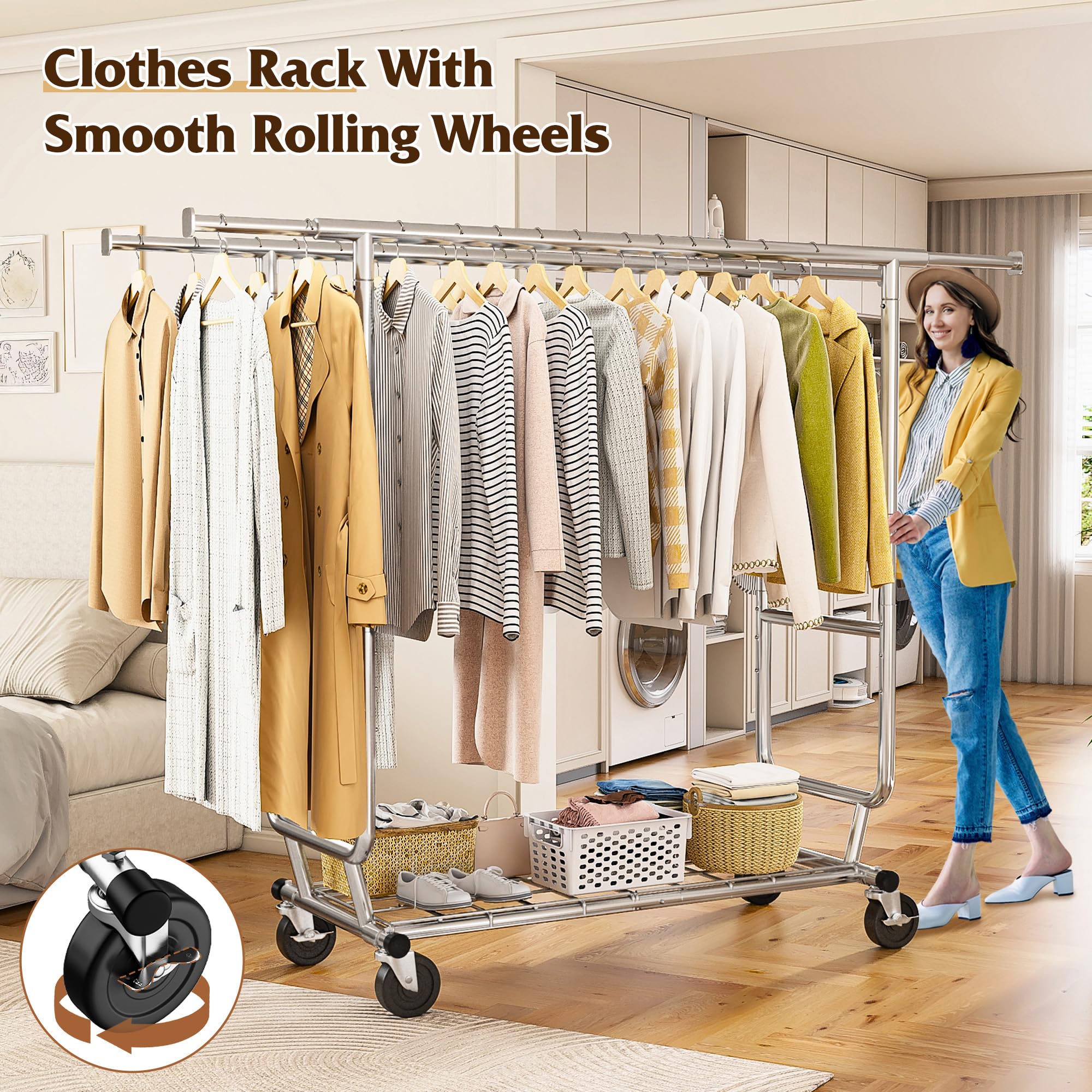 Raybee Clothes Rack Heavy Duty Holds 610LBS Rolling Clothing Racks for Hanging Clothes Portable Clothes Rack Metal Clothing Rack with Wheels Collapsible & Commercial Garment Rack Heavy Duty
