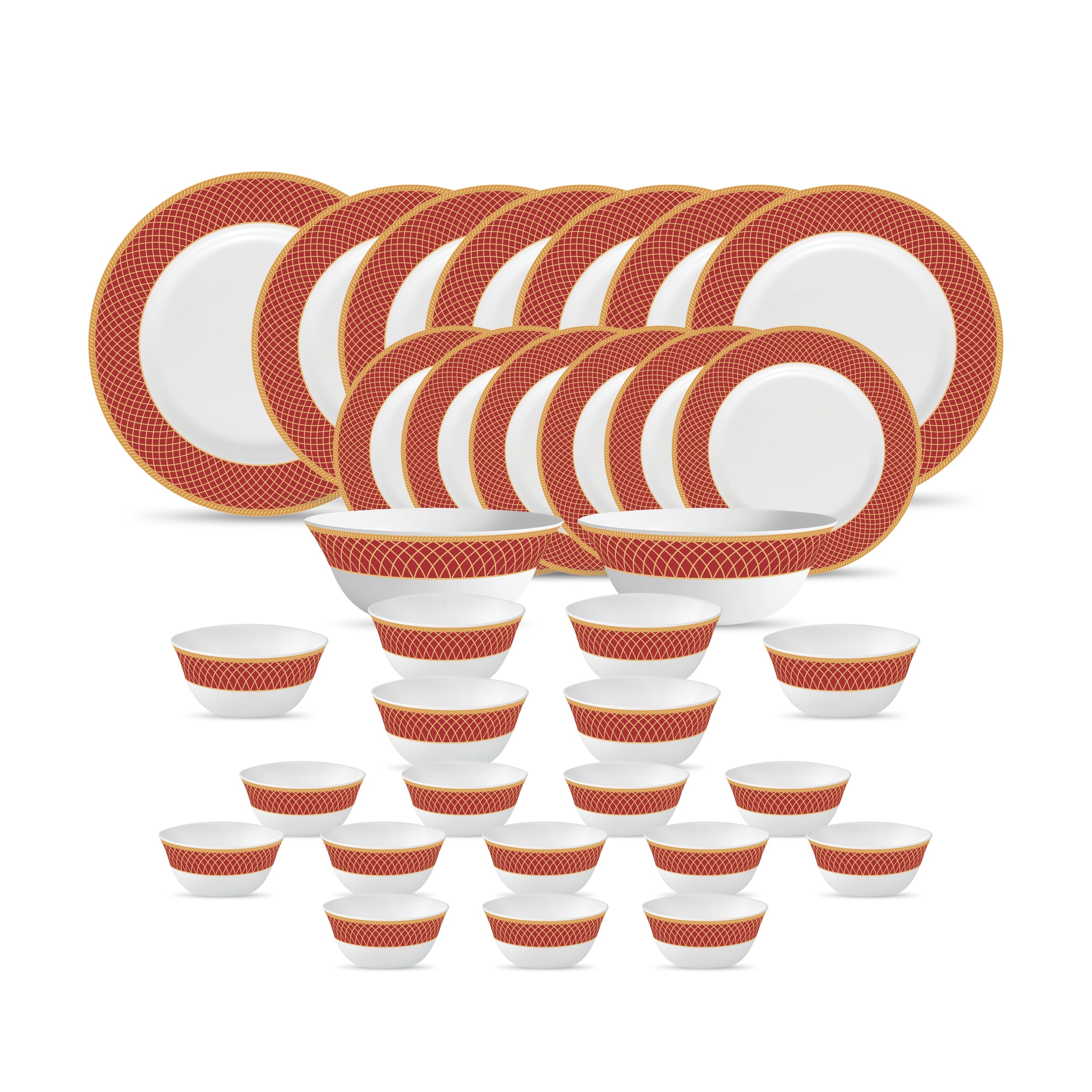 La Opala Diva Sovrana Collection Opal Glass Crockery | For Family Of 6 | Dinner Set 33 Pcs Regent Red | Plates & Bowls For Dinin