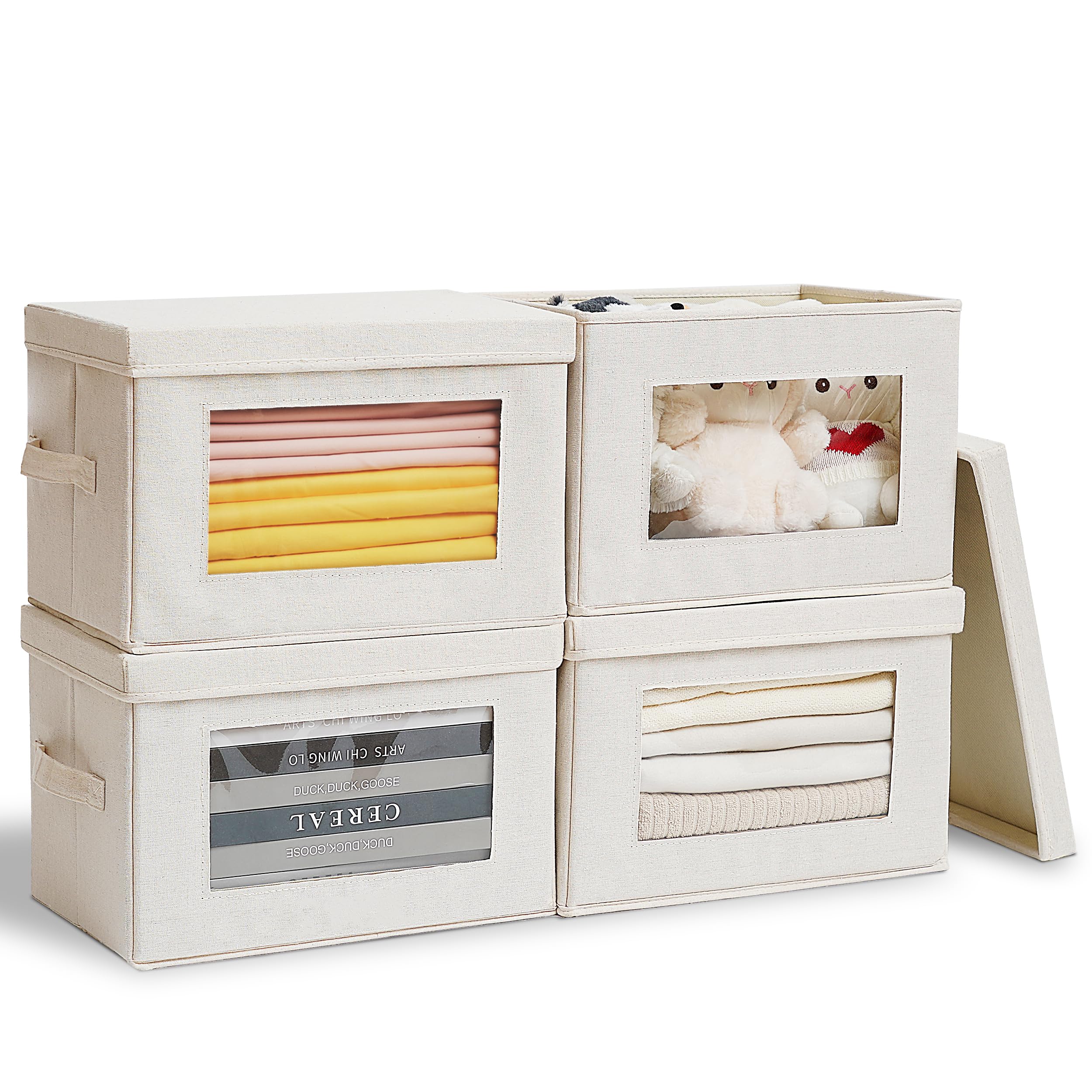 Citylife 4-Pack Storage Bins With Lids, Fabric Foldable Storage Bins With Soft Cord Handles, Cube Closet Storage Baskets With Li