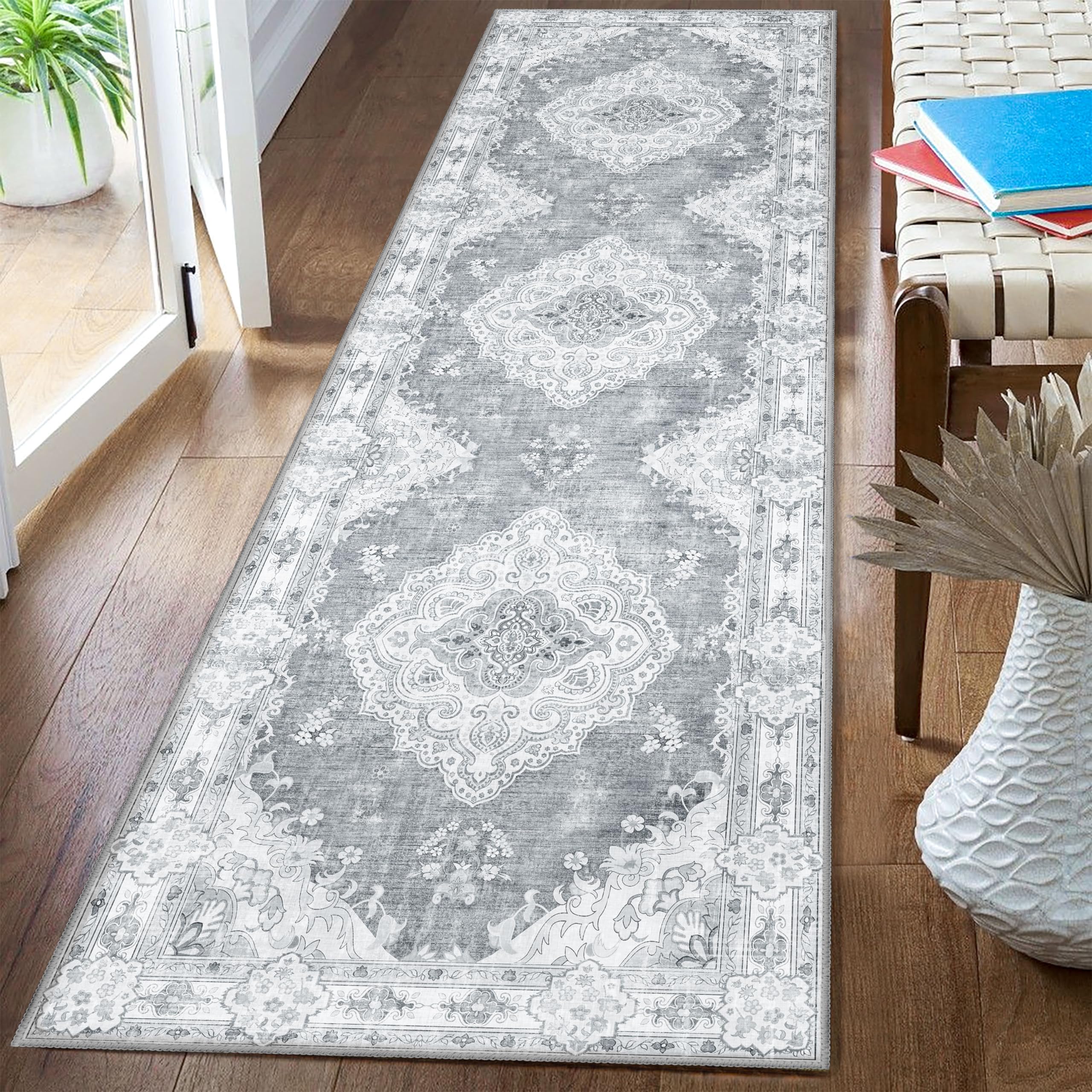 MUJOO Hallway Runner Rug 2x8 Grey,Long Boho Rug Runners Washable Non Slip Carpet for Entryway Kitchen Bathroom Bedside,Vintage