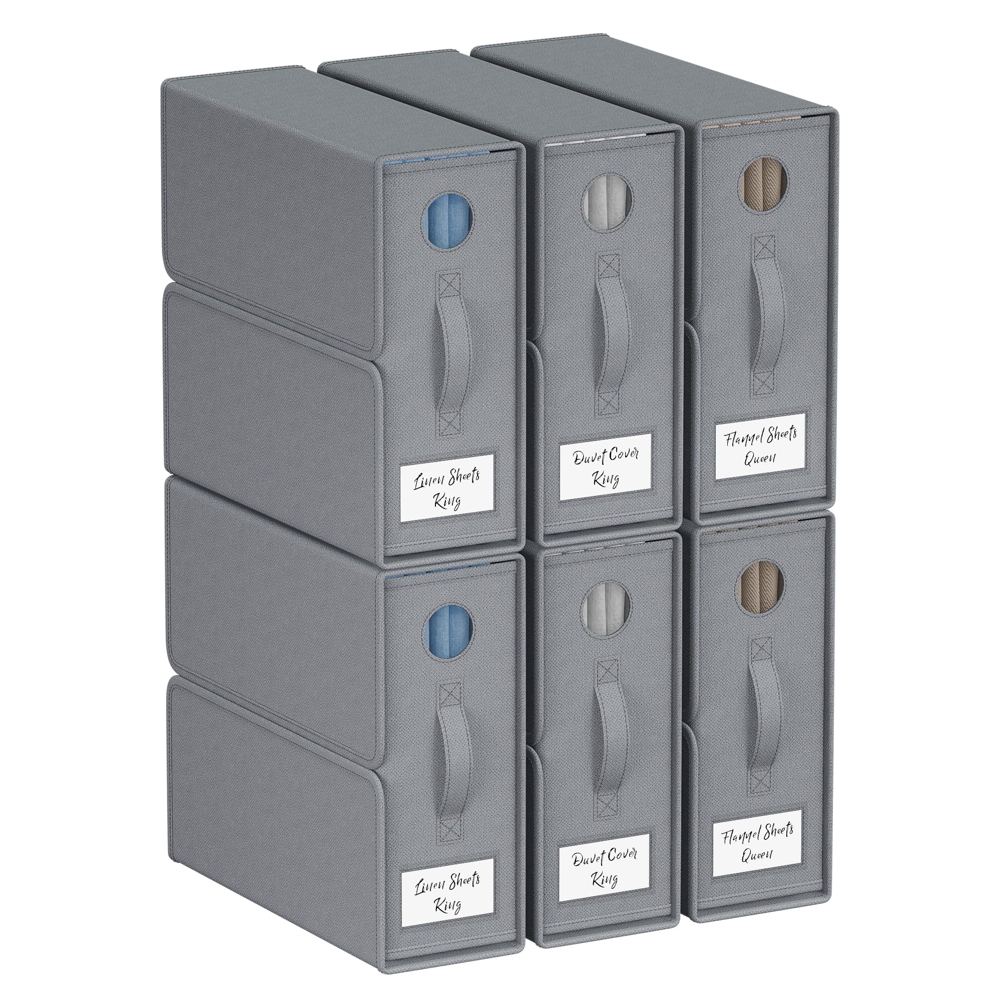 TRZZ Sheet Organizers and Storage, 6-Pack, Queen/King Size (Grey), Foldable Sheet Set Organizer, Fabric Storage Bins for Bed She