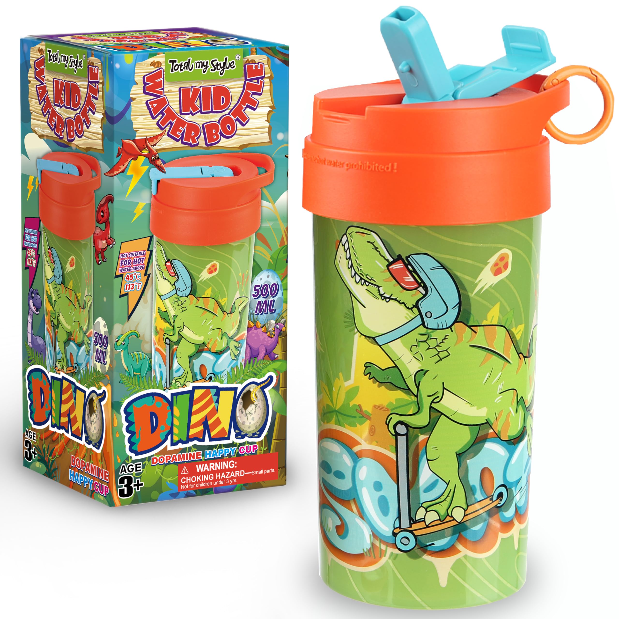 Total my Style 17oz Dinosaur Kids Water Bottle, Toddler Spout Cover and Carry Handle Lid Leak Proof BPA free Cup for Boys Ages 3